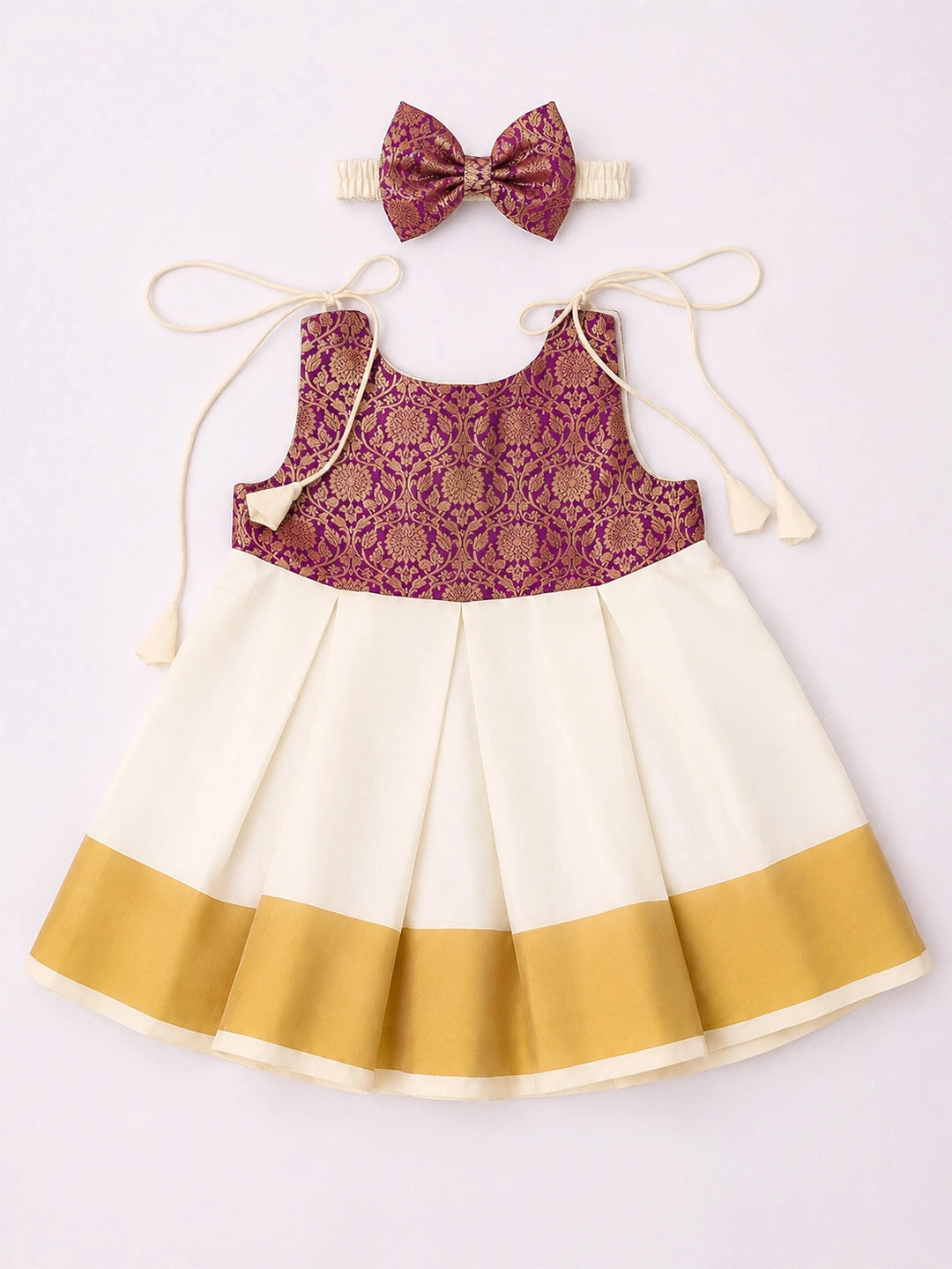BownBee Sleeveless Shoulder Tie-Up Frock With Hairband For Infant Girls