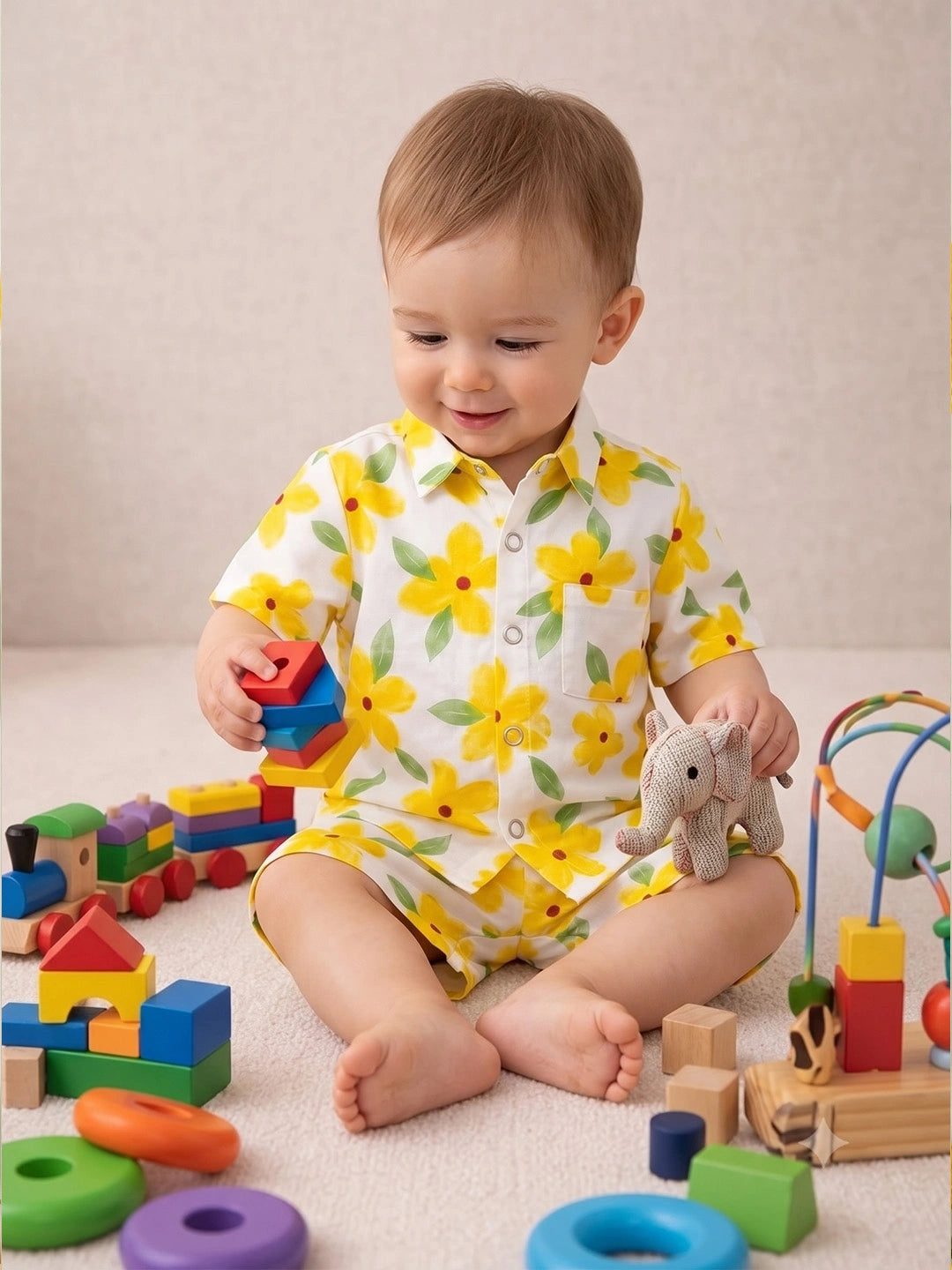 BownBee Summer Printed Short Sleeves Shirts And Shorts Set For Infant Boy