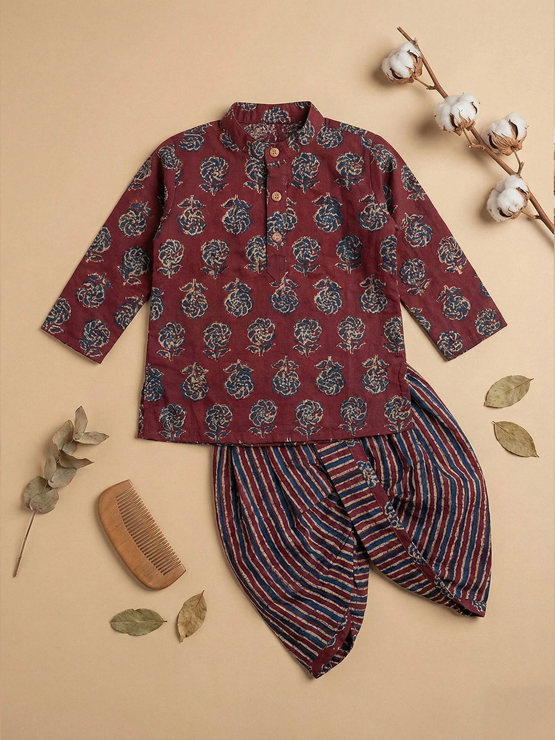 BownBee Pure Cotton Dhoti Kurta Set For Infant Boys - Maroon