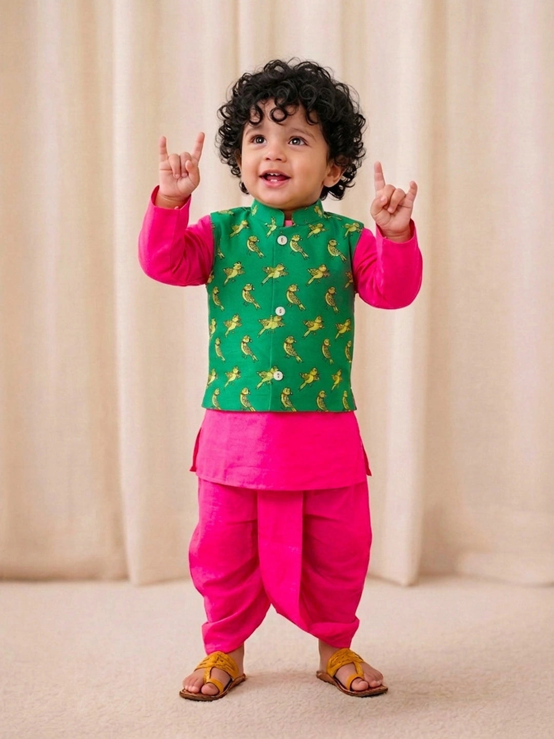BownBee Quirky Printed lehenga Choli & dhoti kurta With Jacket Sibling Set