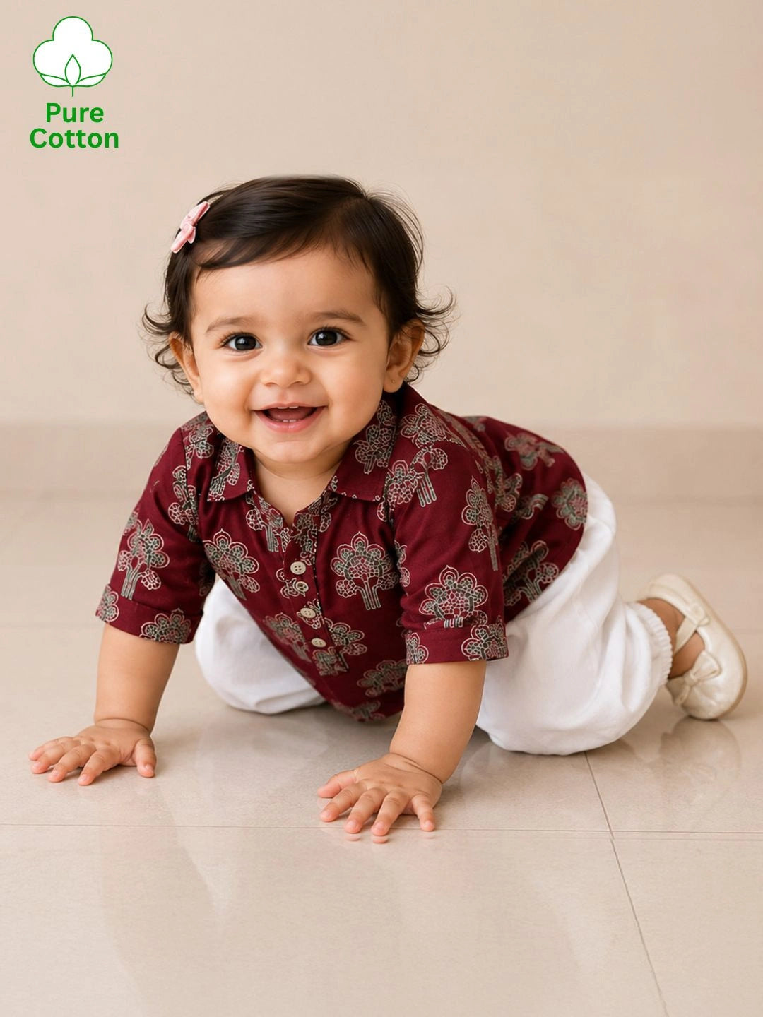BownBee Pure Cotton Printed  Quater Sleeves Short Kurti & Harem For Infant Girls