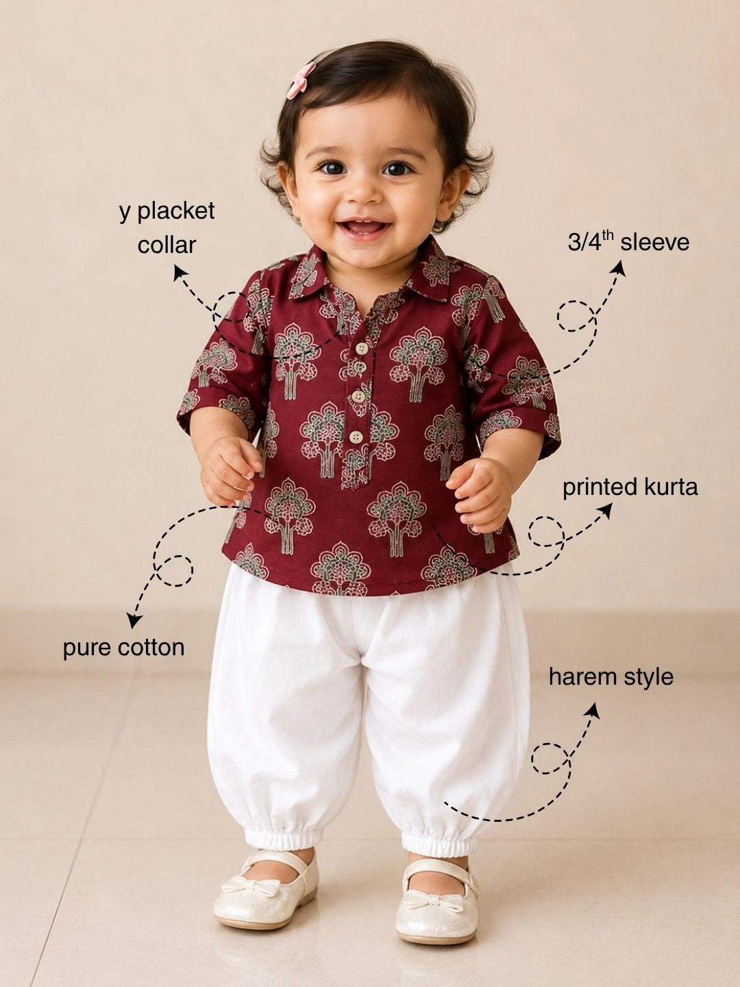 BownBee Pure Cotton Printed  Quater Sleeves Short Kurti & Harem For Infant Girls