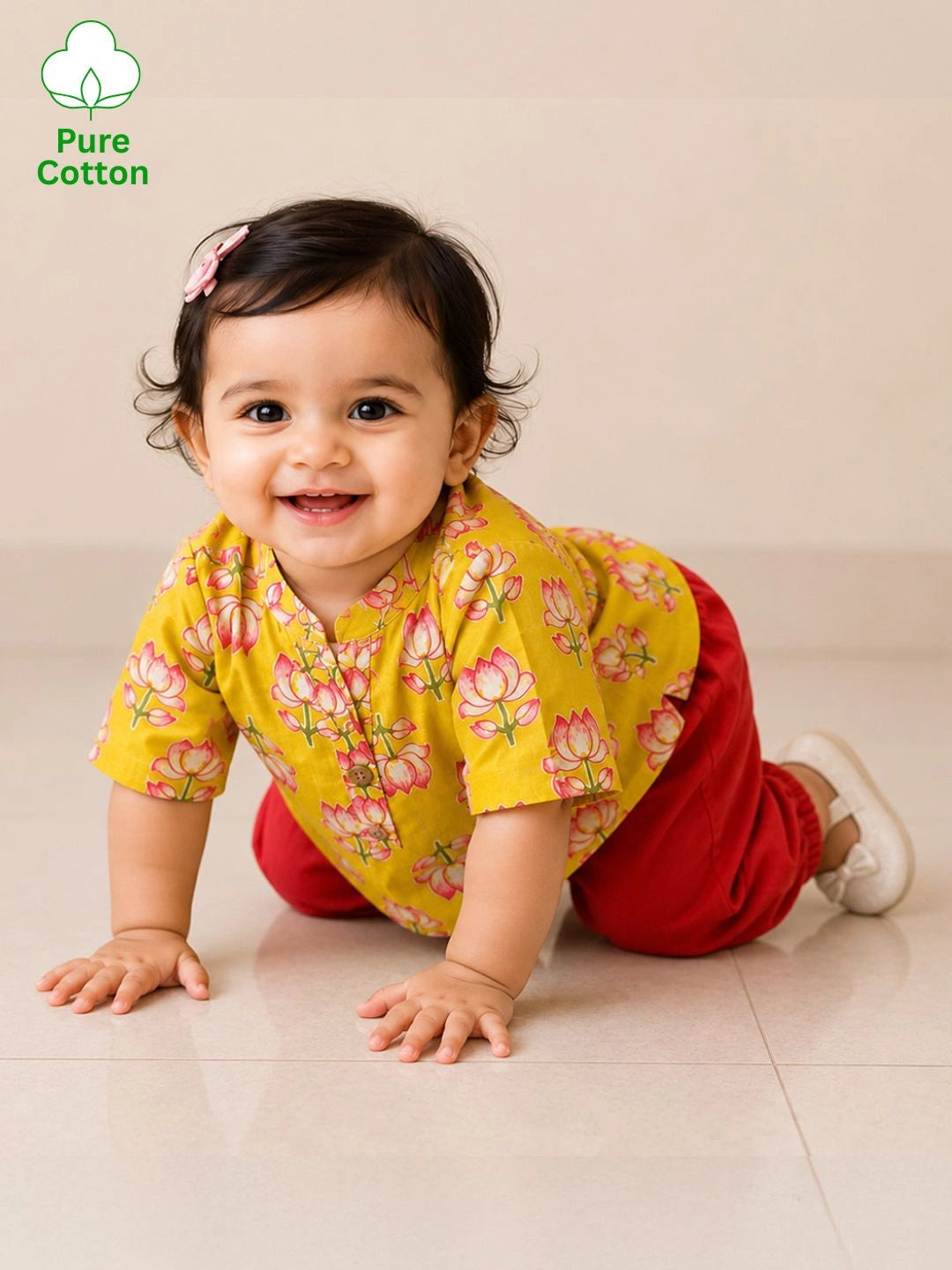 BownBee Pure Cotton Printed  Quater Sleeves Short Kurti & Harem For Infant Girls