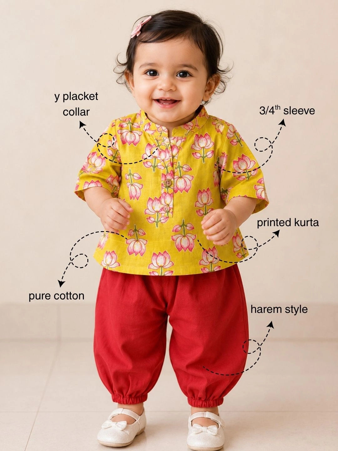 BownBee Pure Cotton Printed  Quater Sleeves Short Kurti & Harem For Infant Girls