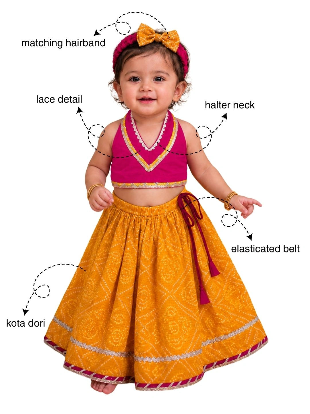 BownBee Sleeveless Halter Neck Lehenga Choli With Hairband Set For Girls