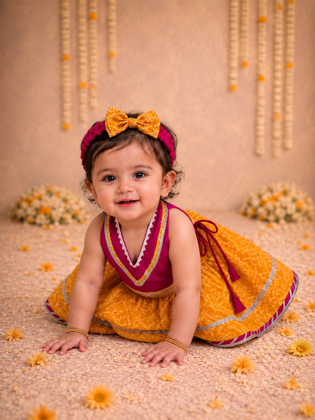 BownBee Sleeveless Halter Neck Lehenga Choli With Hairband Set For Girls