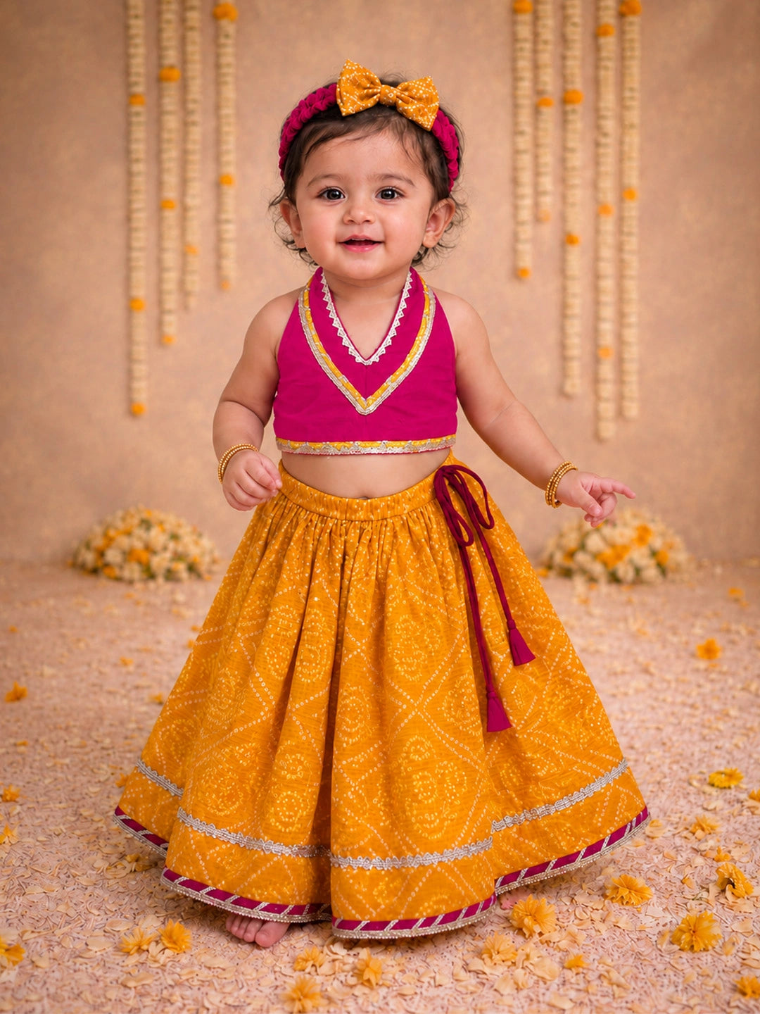 BownBee Sleeveless Halter Neck Lehenga Choli With Hairband Set For Girls