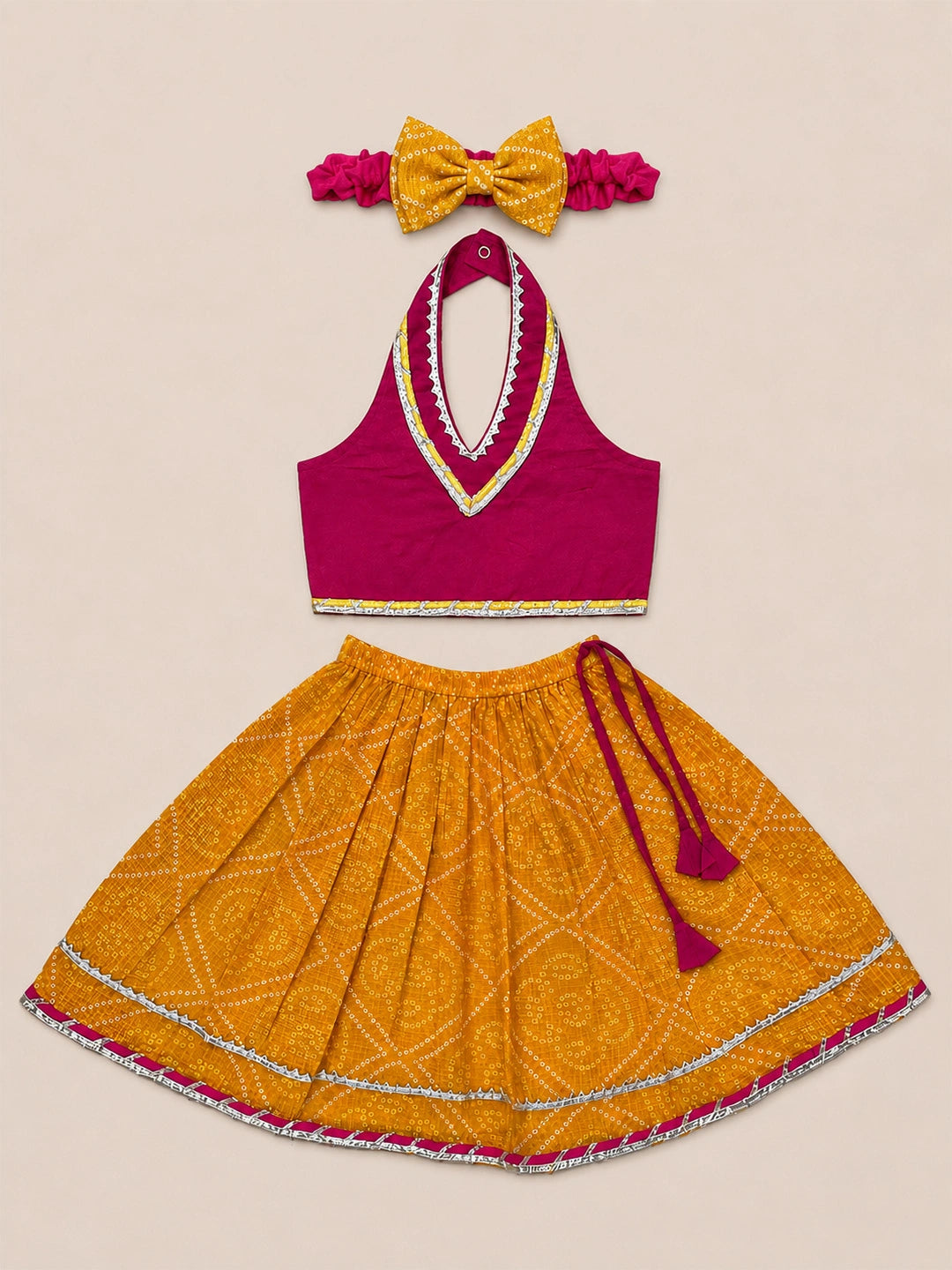 BownBee Sleeveless Halter Neck Lehenga Choli With Hairband Set For Girls