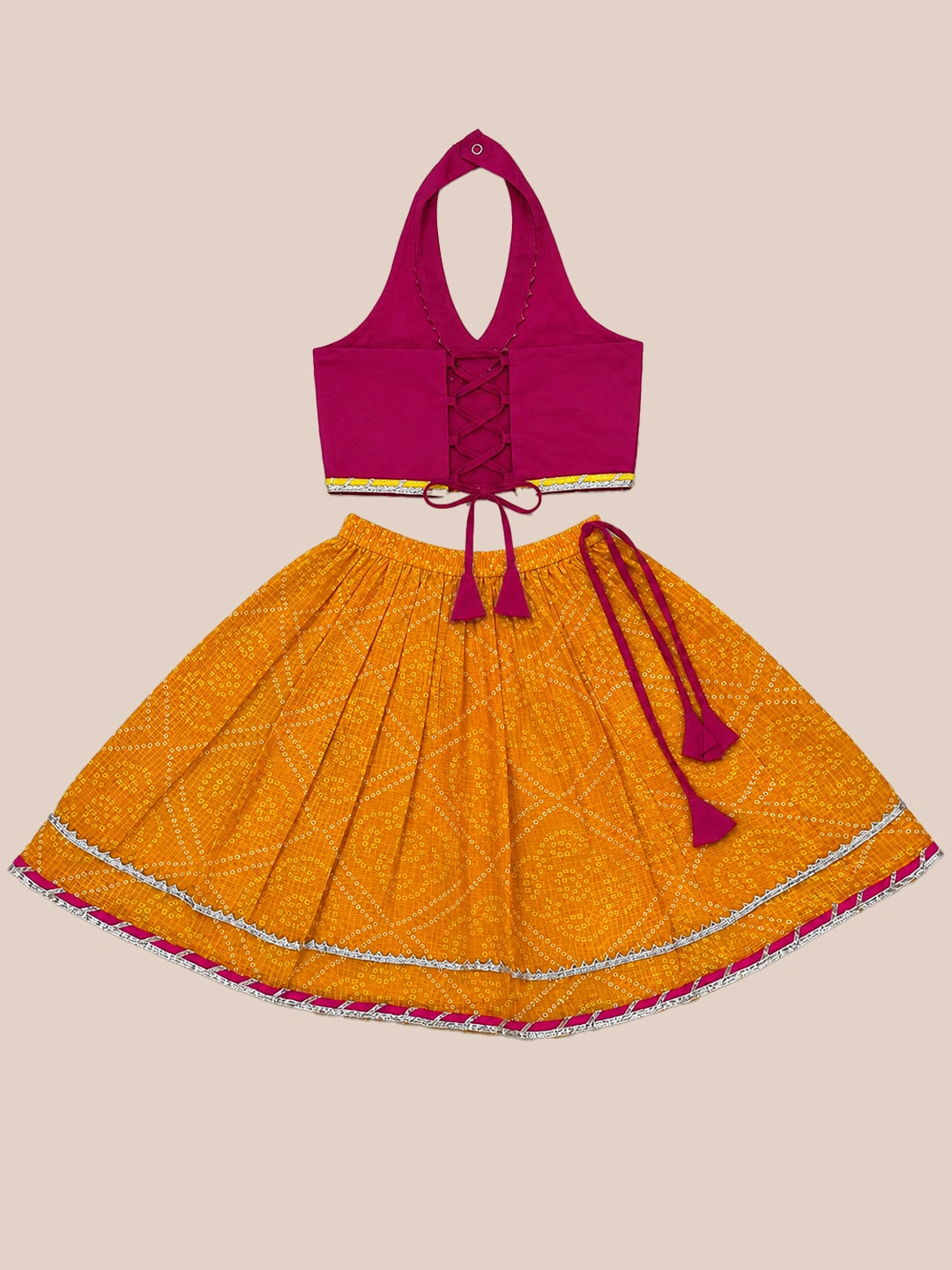 BownBee Sleeveless Halter Neck Lehenga Choli With Hairband Set For Girls