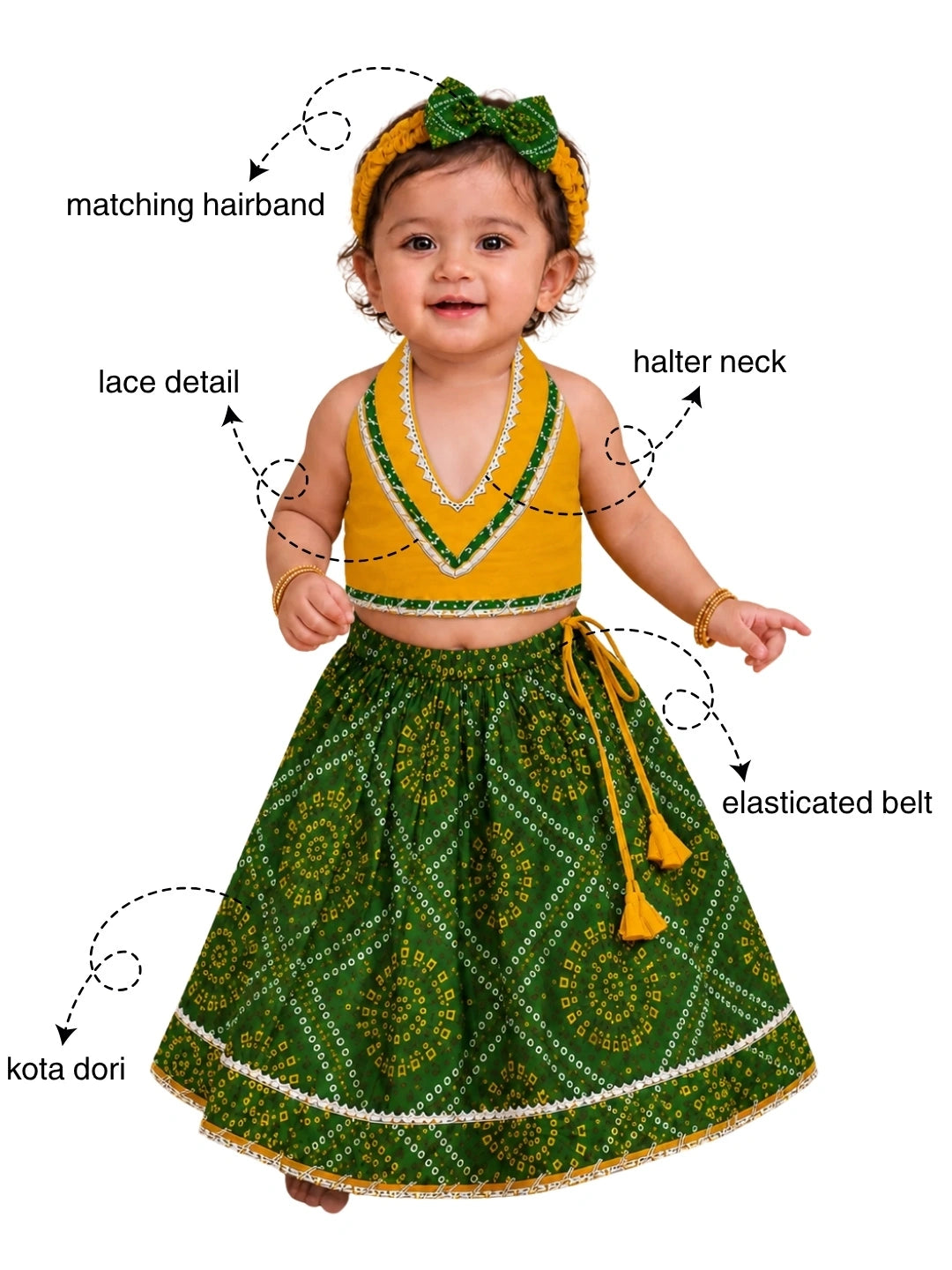 BownBee Sleeveless Halter Neck Lehenga Choli With Hairband Set For Girl
