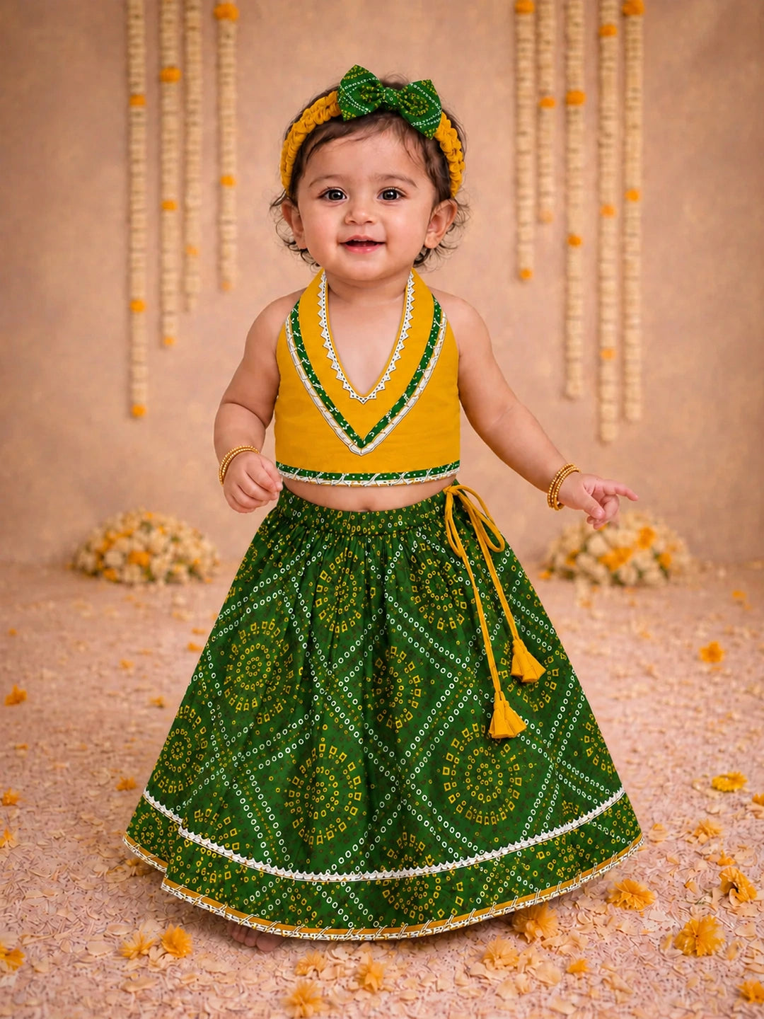 BownBee Sleeveless Halter Neck Lehenga Choli With Hairband Set For Girl