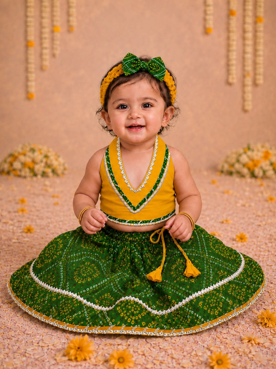 BownBee Sleeveless Halter Neck Lehenga Choli With Hairband Set For Girl