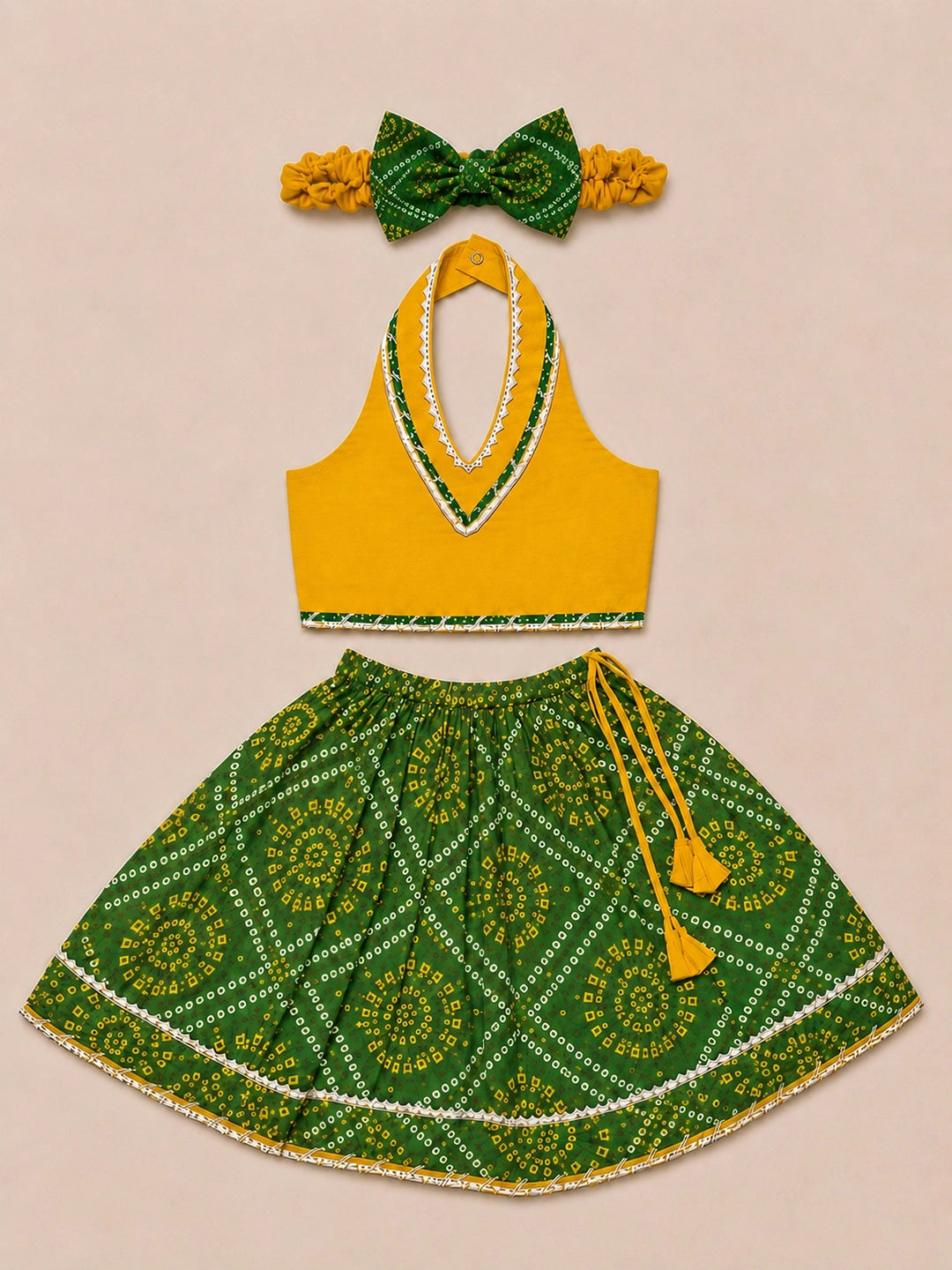 BownBee Sleeveless Halter Neck Lehenga Choli With Hairband Set For Girl
