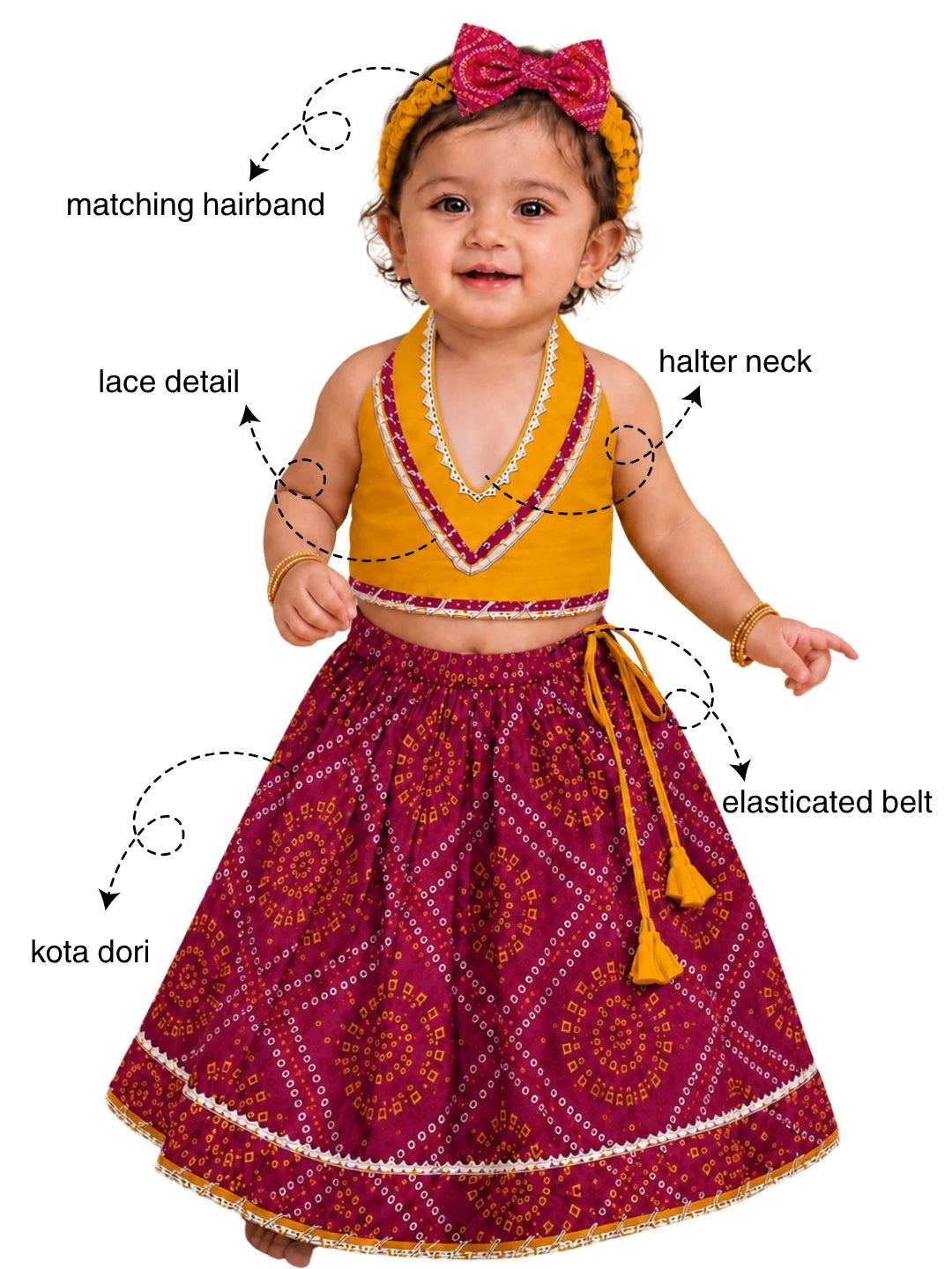 BownBee Sleeveless Halter Neck Lehenga Choli With Hairband Set For Girl