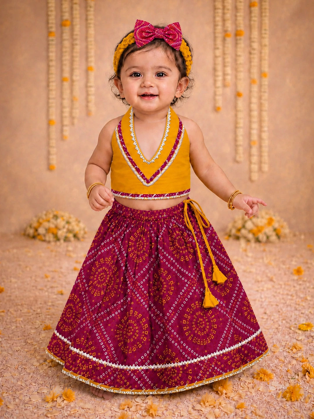 BownBee Sleeveless Halter Neck Lehenga Choli With Hairband Set For Girl