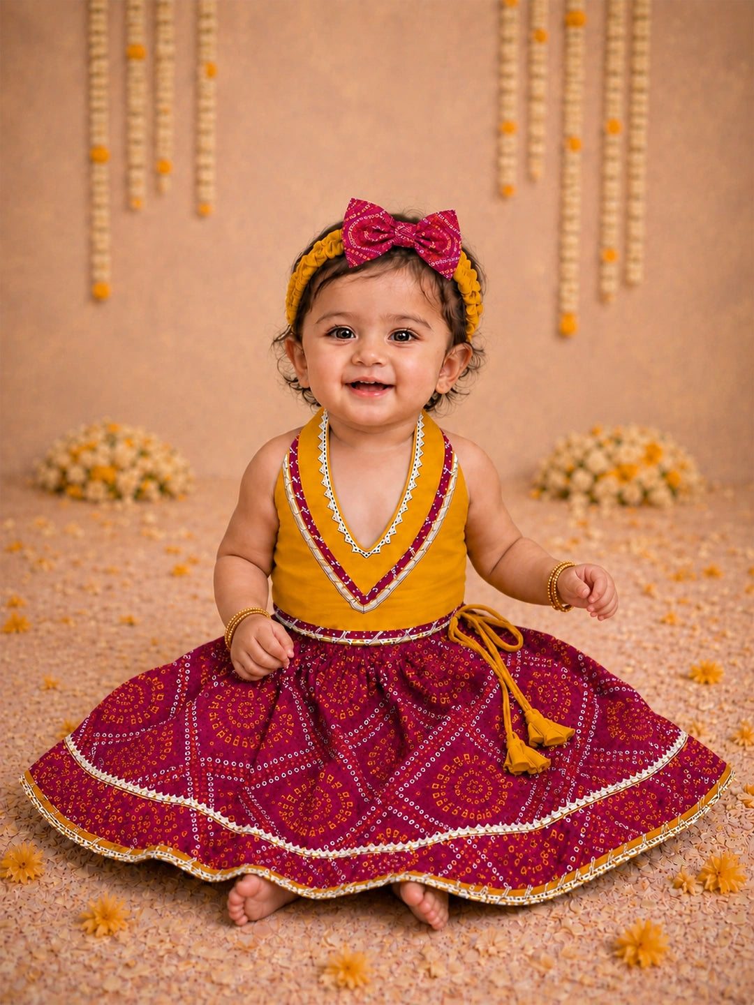 BownBee Sleeveless Halter Neck Lehenga Choli With Hairband Set For Girl