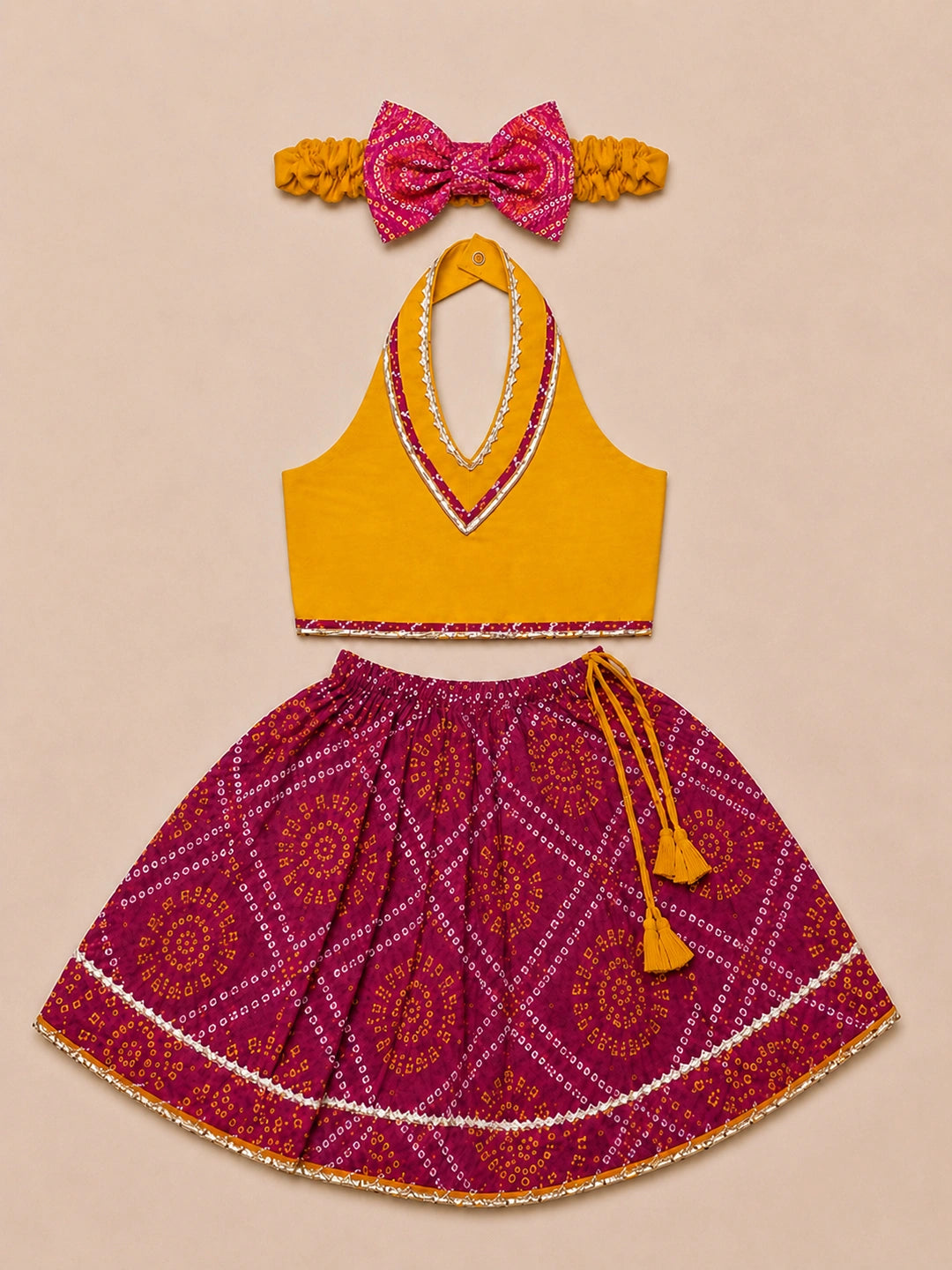 BownBee Sleeveless Halter Neck Lehenga Choli With Hairband Set For Girl