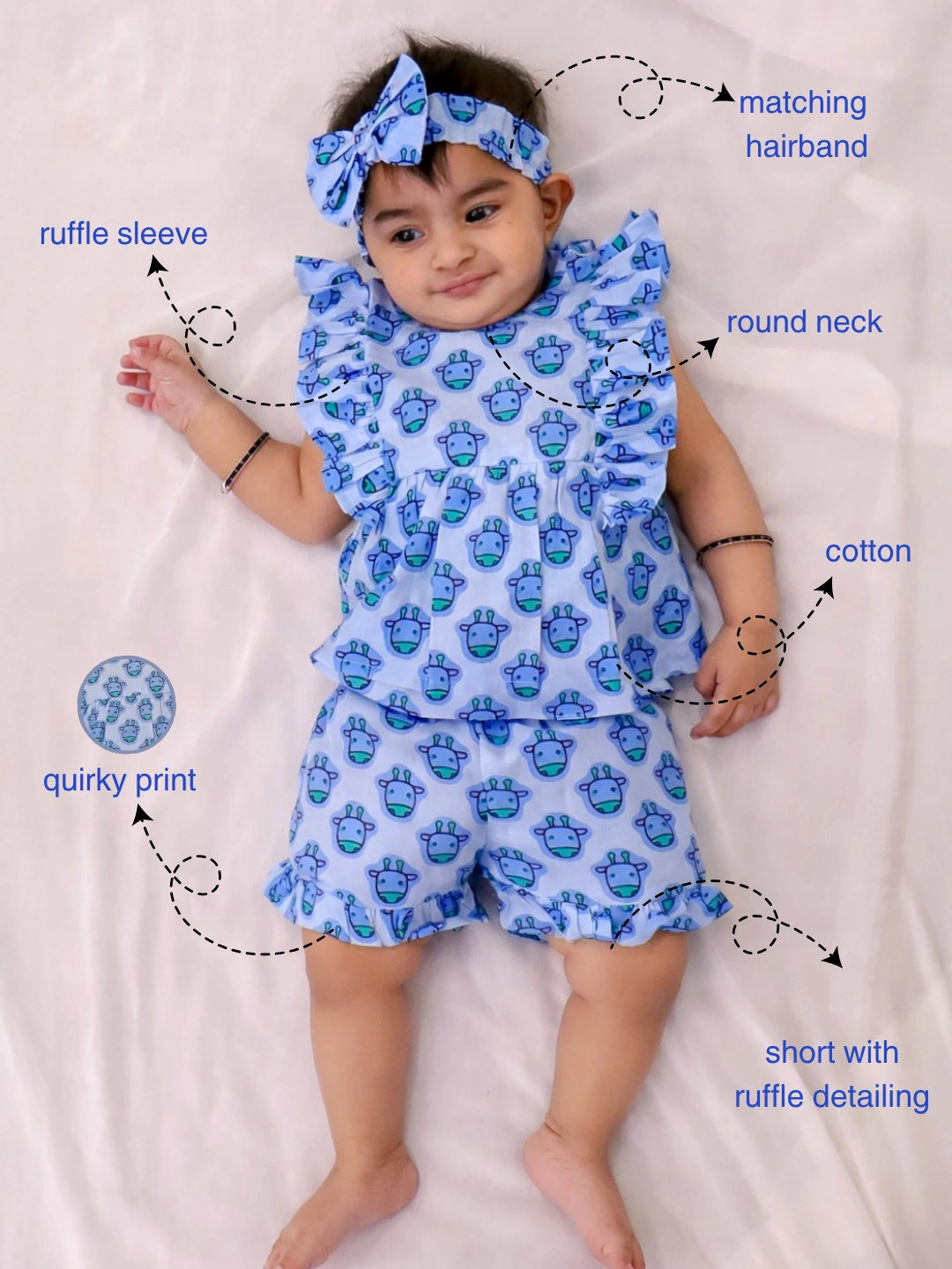 BownBee Pure Cotton Quirky Ruffle Top & Shorts With Hairband Set For Infant Girls