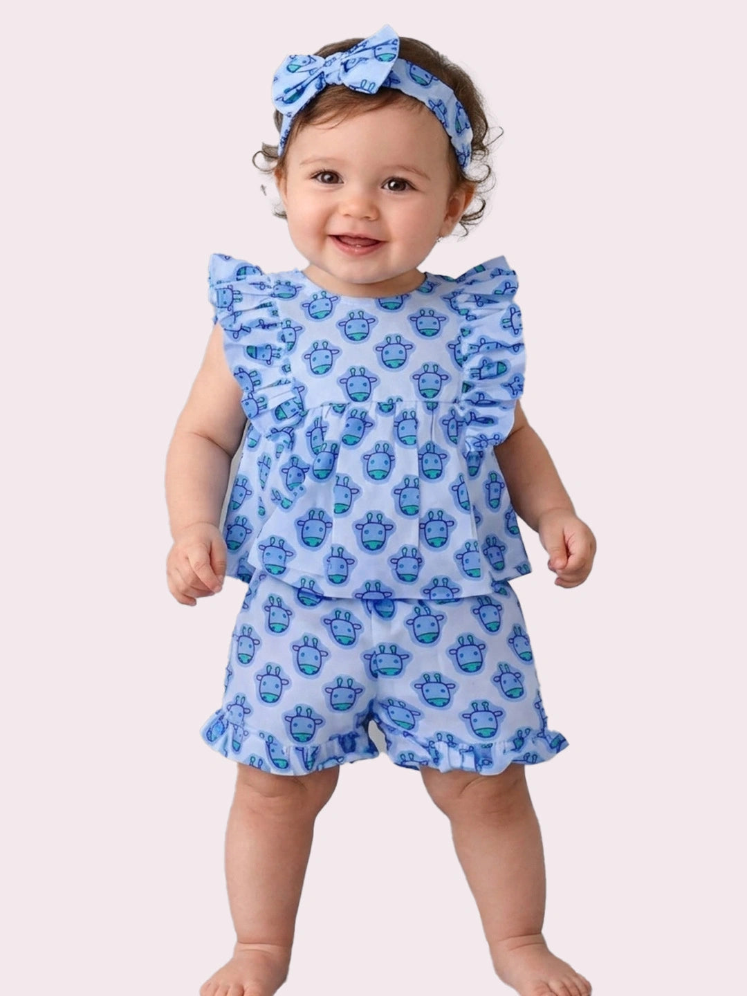 BownBee Pure Cotton Quirky Ruffle Top & Shorts With Hairband Set For Infant Girls