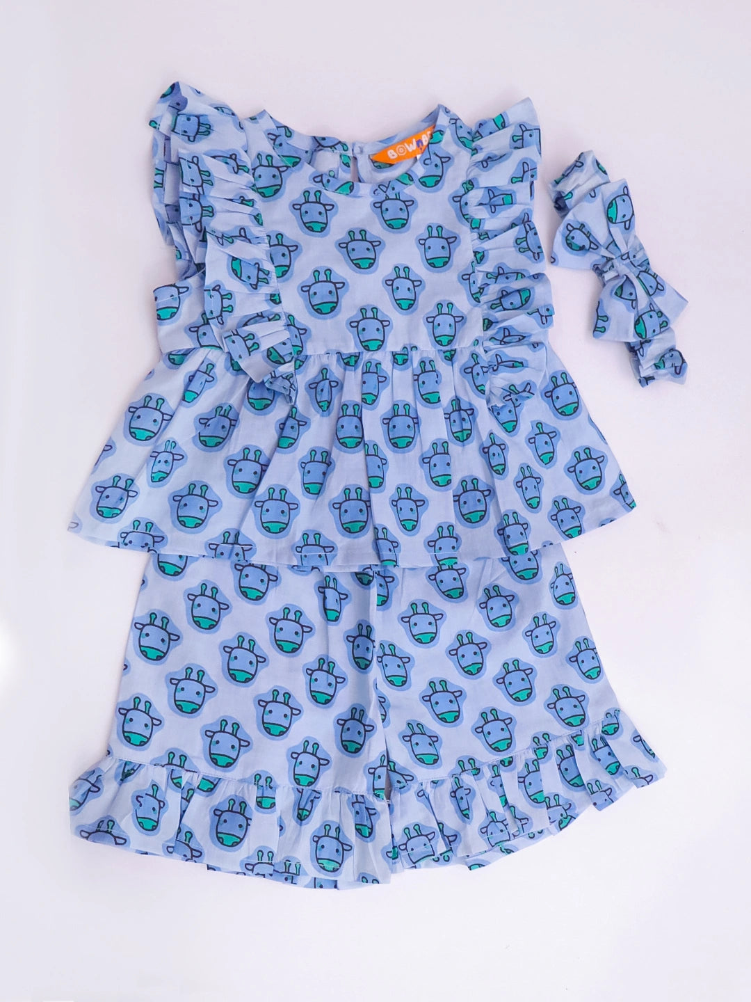 BownBee Pure Cotton Quirky Ruffle Top & Shorts With Hairband Set For Infant Girls