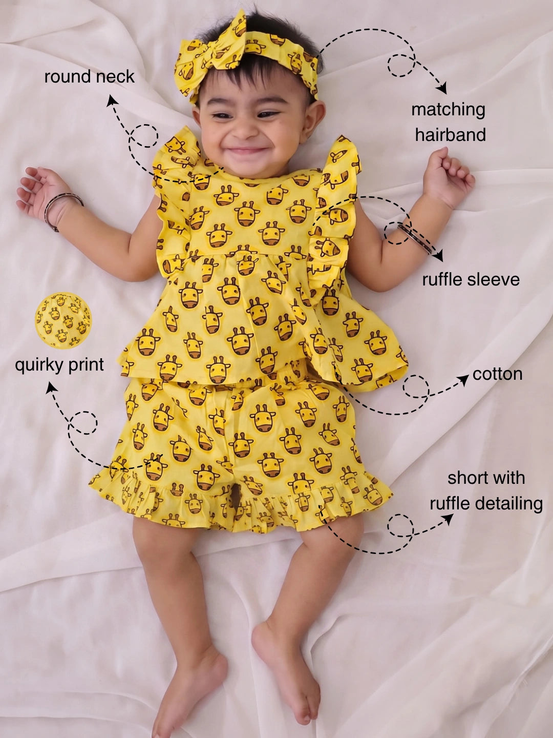 BownBee Pure Cotton Quirky Ruffle Top & Shorts With Hairband Set For Infant Girls