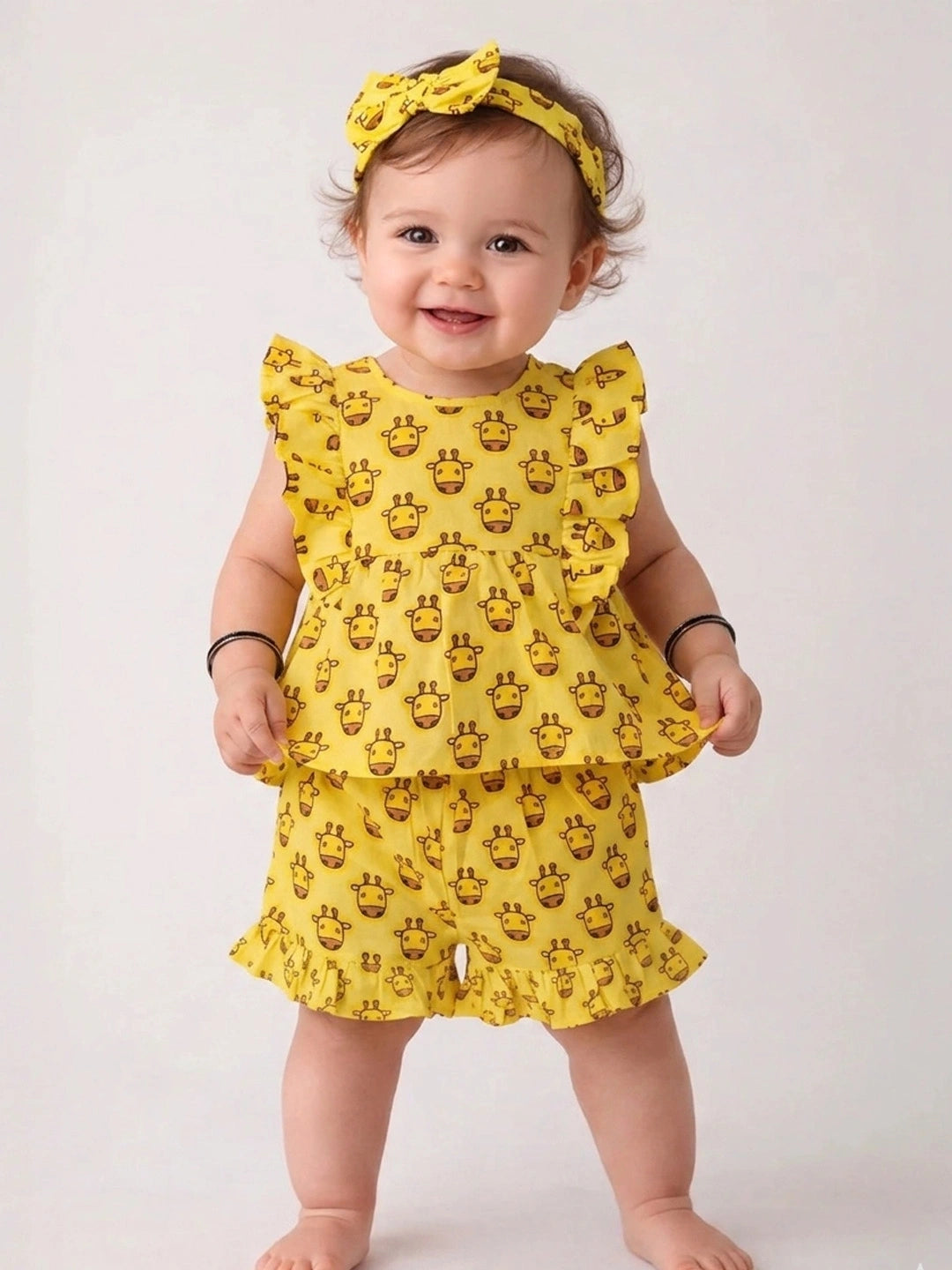 BownBee Pure Cotton Quirky Ruffle Top & Shorts With Hairband Set For Infant Girls