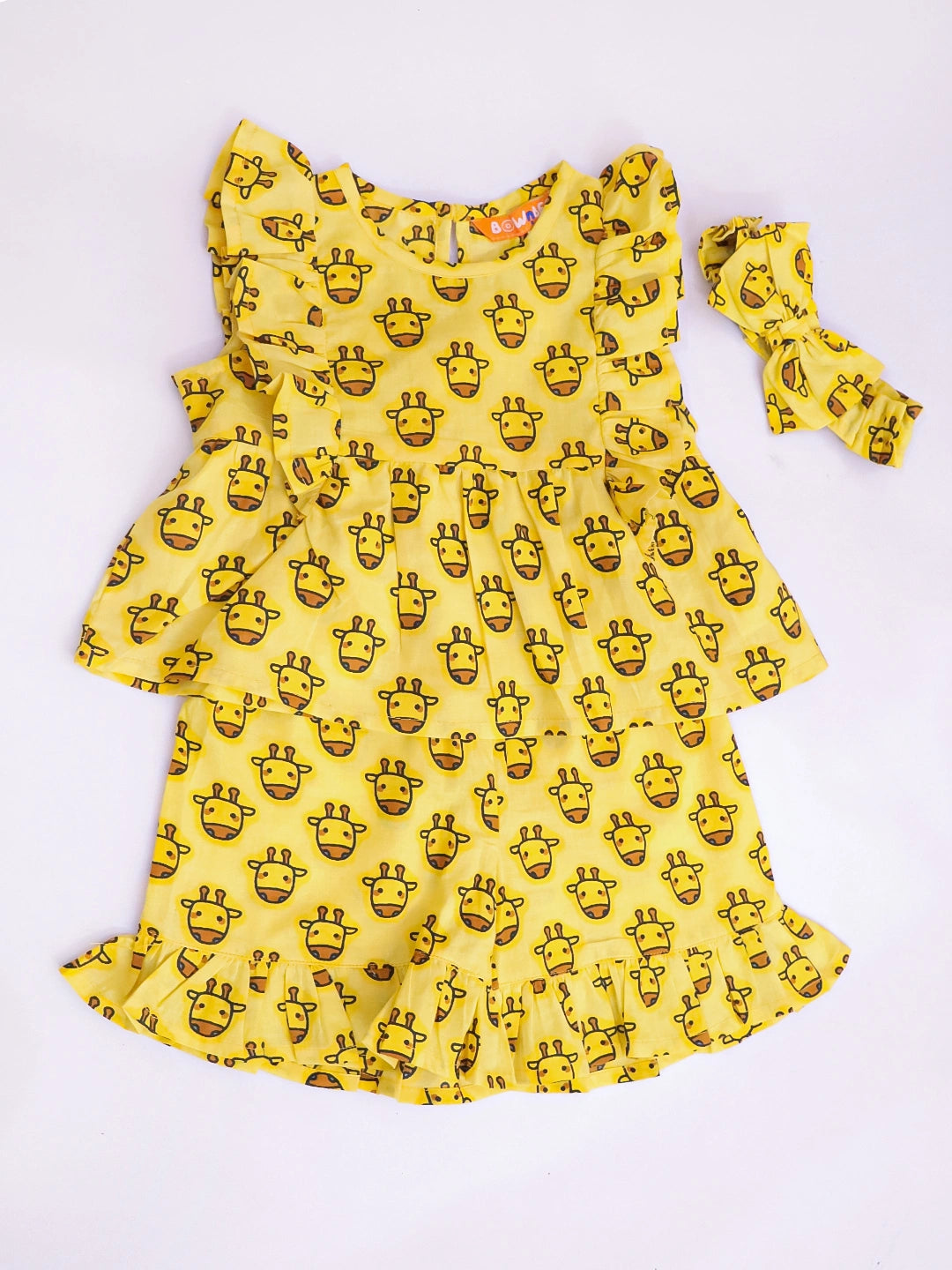 BownBee Pure Cotton Quirky Ruffle Top & Shorts With Hairband Set For Infant Girls