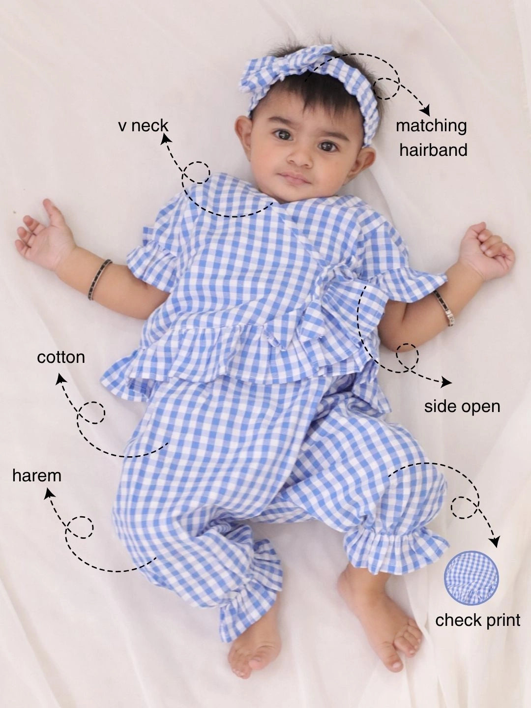 BownBee Pure Cotton Check Crop Top & Harrem With Hairband Set For Girls
