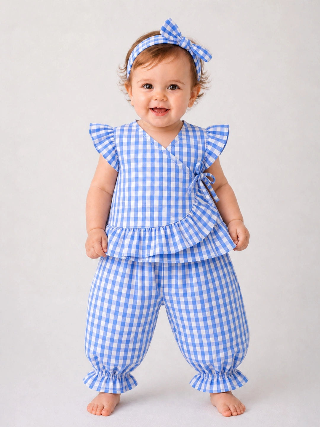 BownBee Pure Cotton Check Crop Top & Harrem With Hairband Set For Girls
