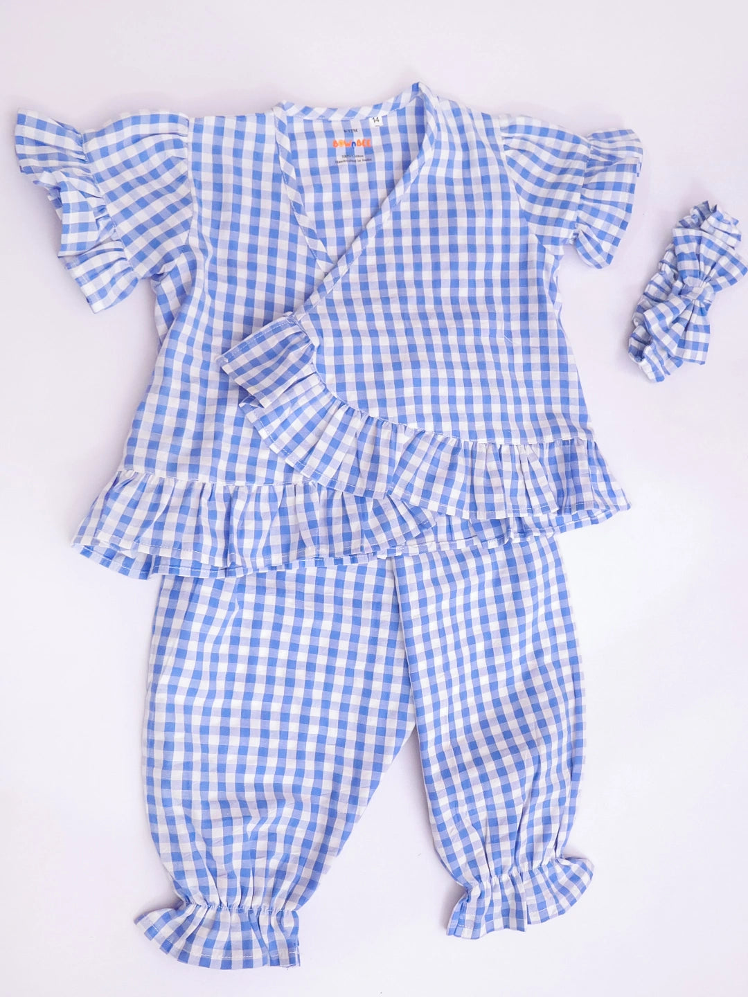 BownBee Pure Cotton Check Crop Top & Harrem With Hairband Set For Girls
