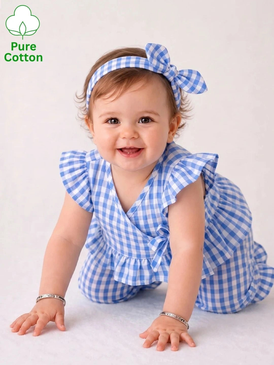 BownBee Pure Cotton Check Crop Top & Harrem With Hairband Set For Girls