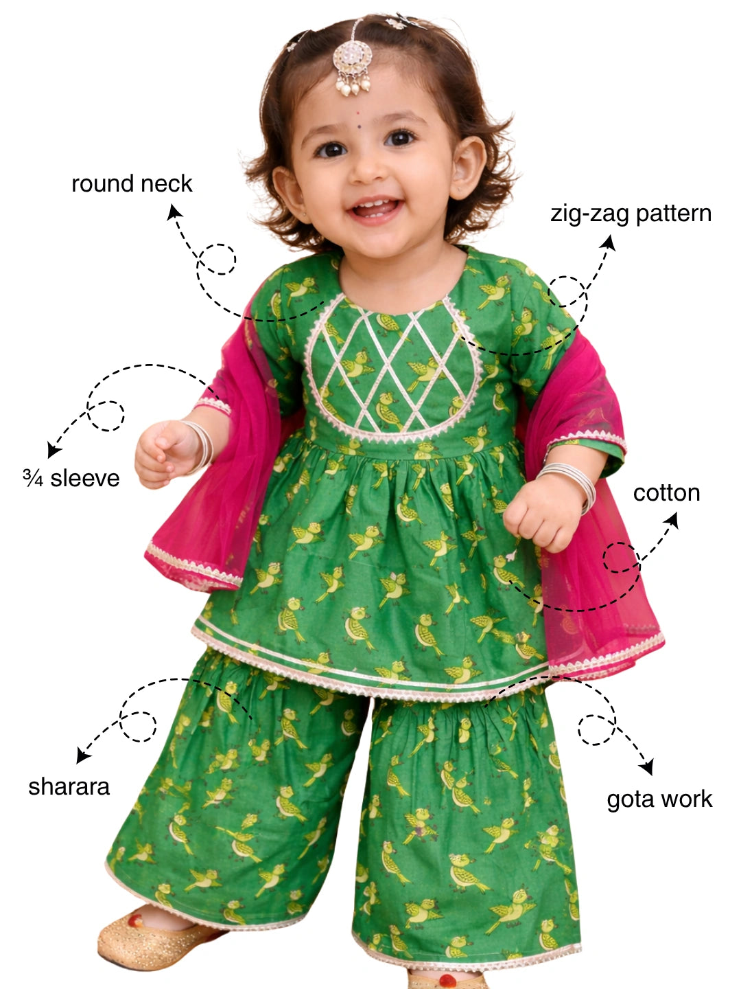 BownBee Pure Cotton Parrot Printed Kurti Sharar With Dupatta For Infants