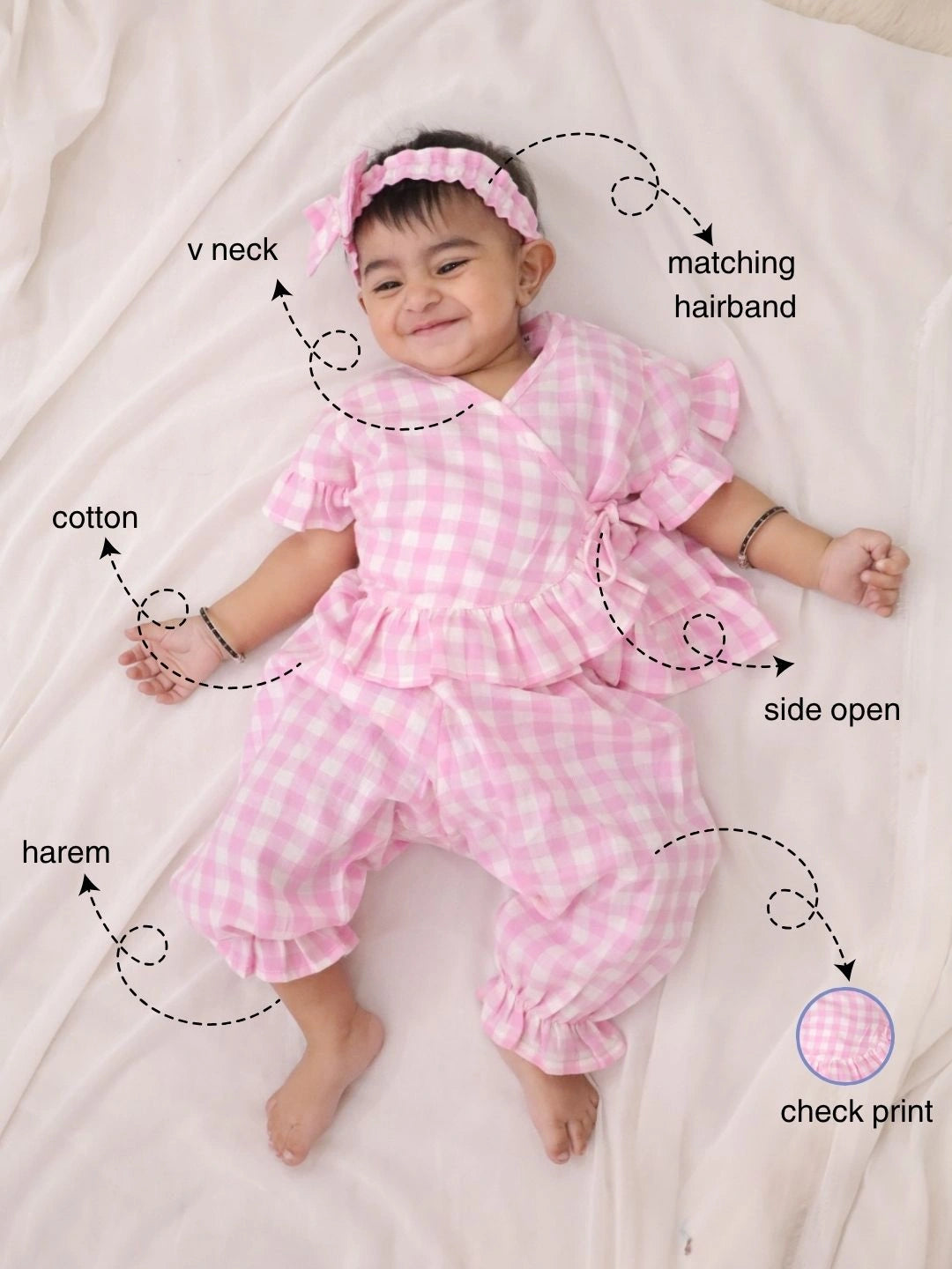 BownBee Pure Cotton Check Crop Top & Harrem With Hairband Set For Girls