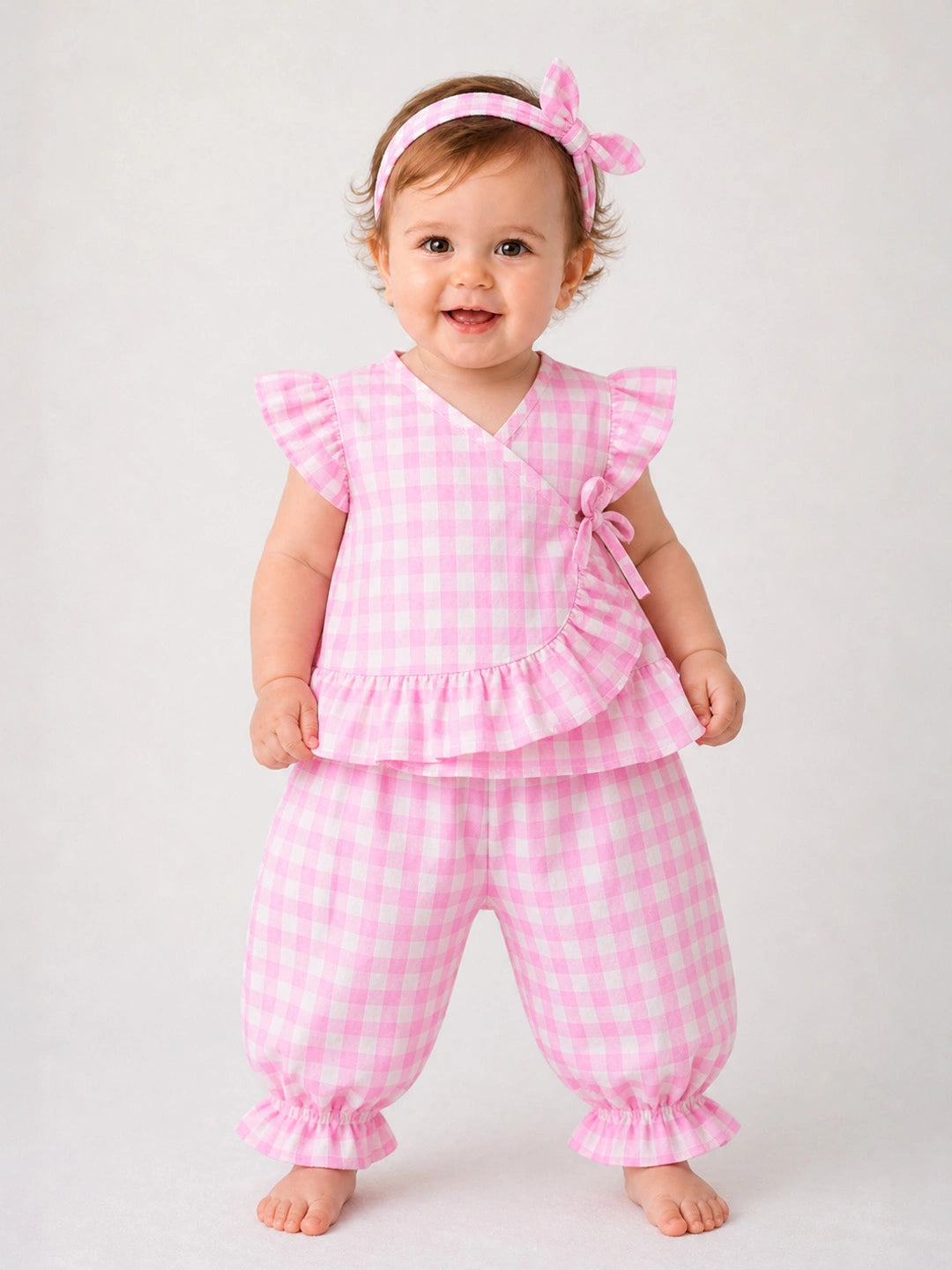 BownBee Pure Cotton Check Crop Top & Harrem With Hairband Set For Girls