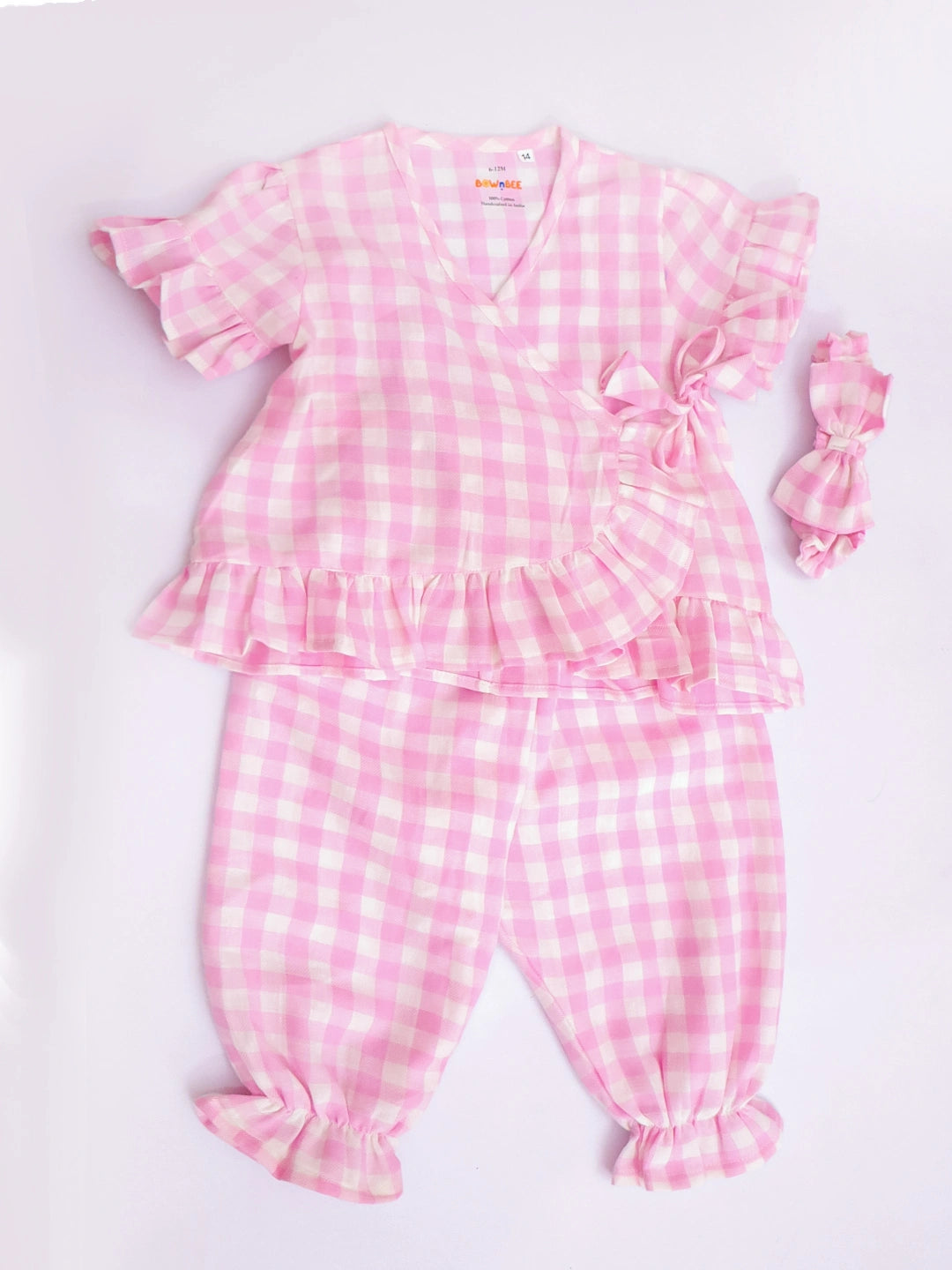 BownBee Pure Cotton Check Crop Top & Harrem With Hairband Set For Girls