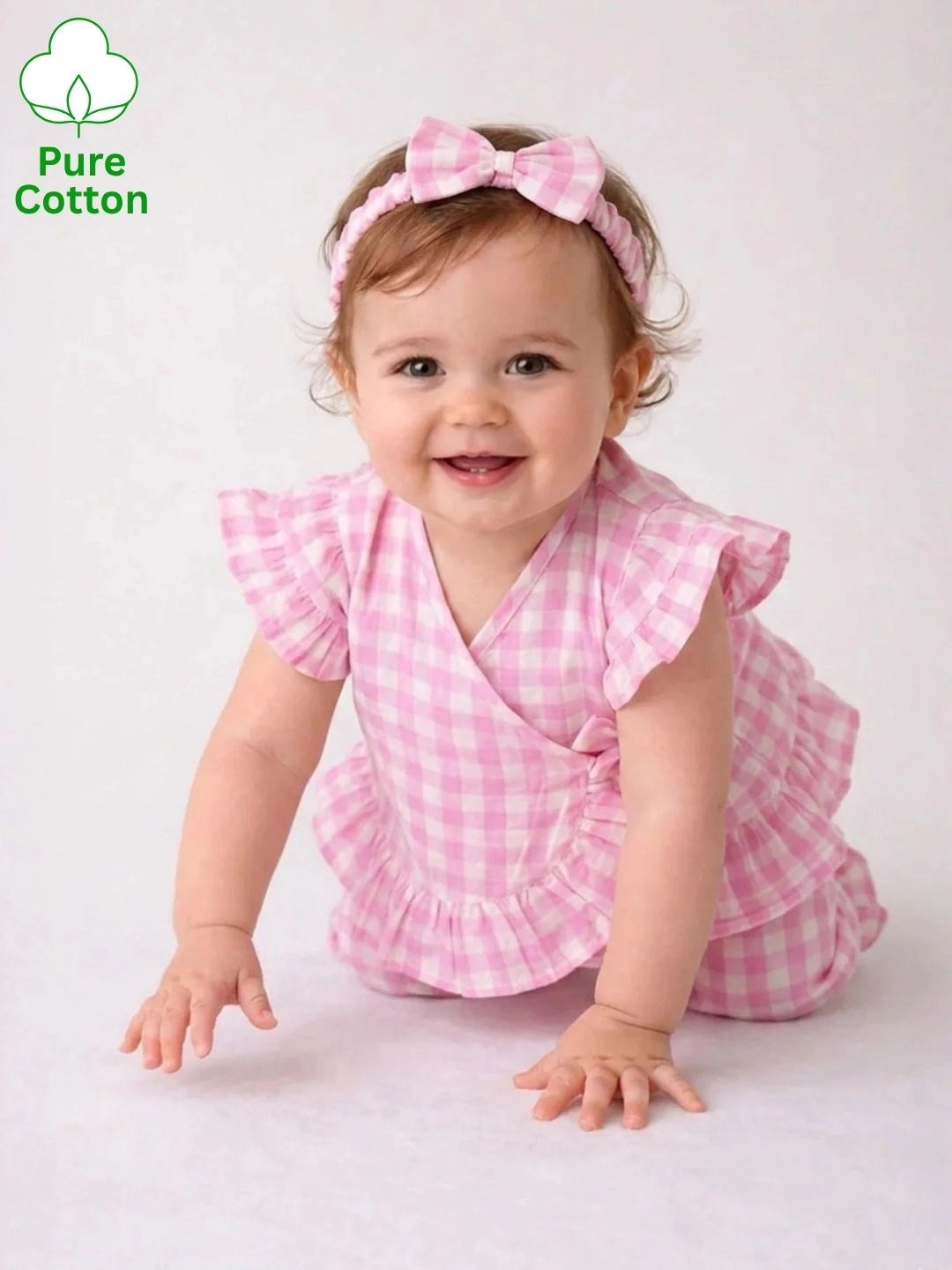 BownBee Pure Cotton Check Crop Top & Harrem With Hairband Set For Girls