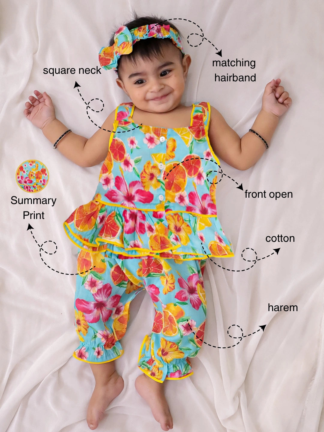 BownBee Pure Cotton Printed Top & Harrem With Hairband Set For Infant Girls