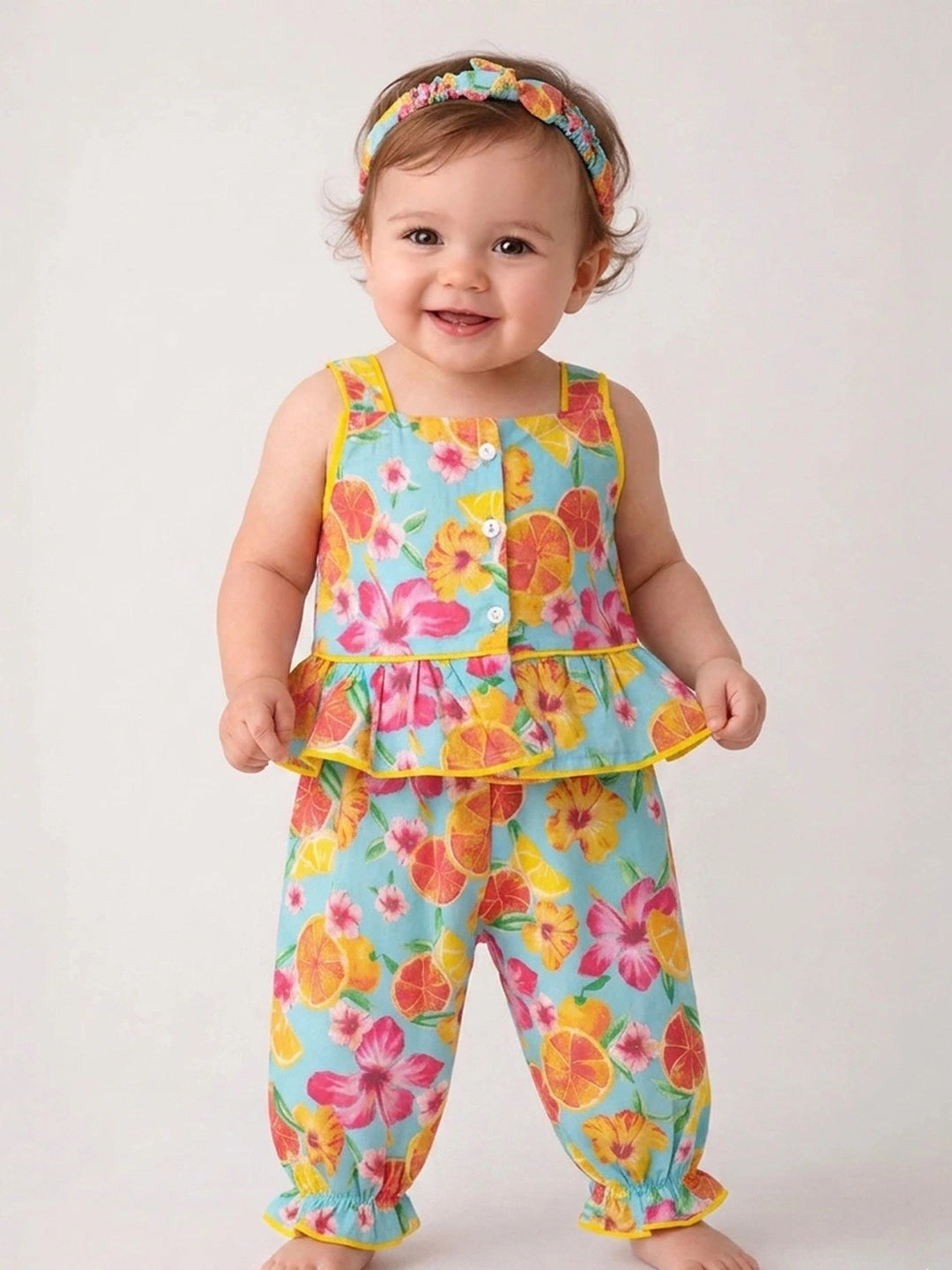 BownBee Pure Cotton Printed Top & Harrem With Hairband Set For Infant Girls