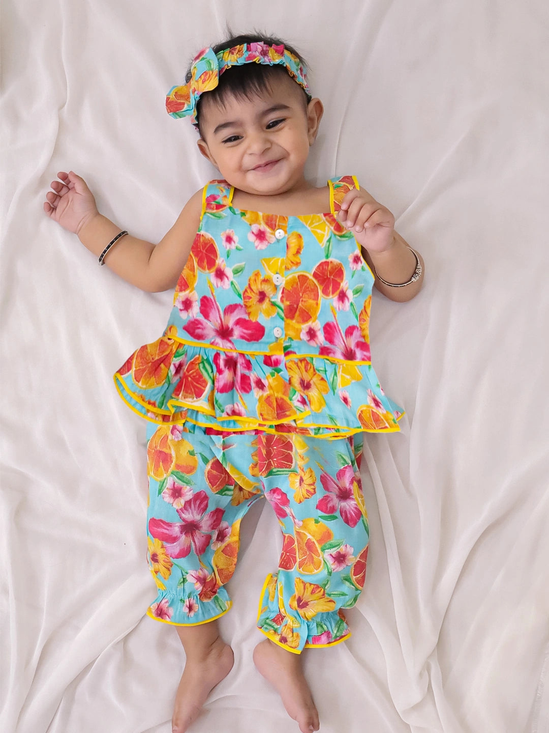BownBee Pure Cotton Printed Top & Harrem With Hairband Set For Infant Girls