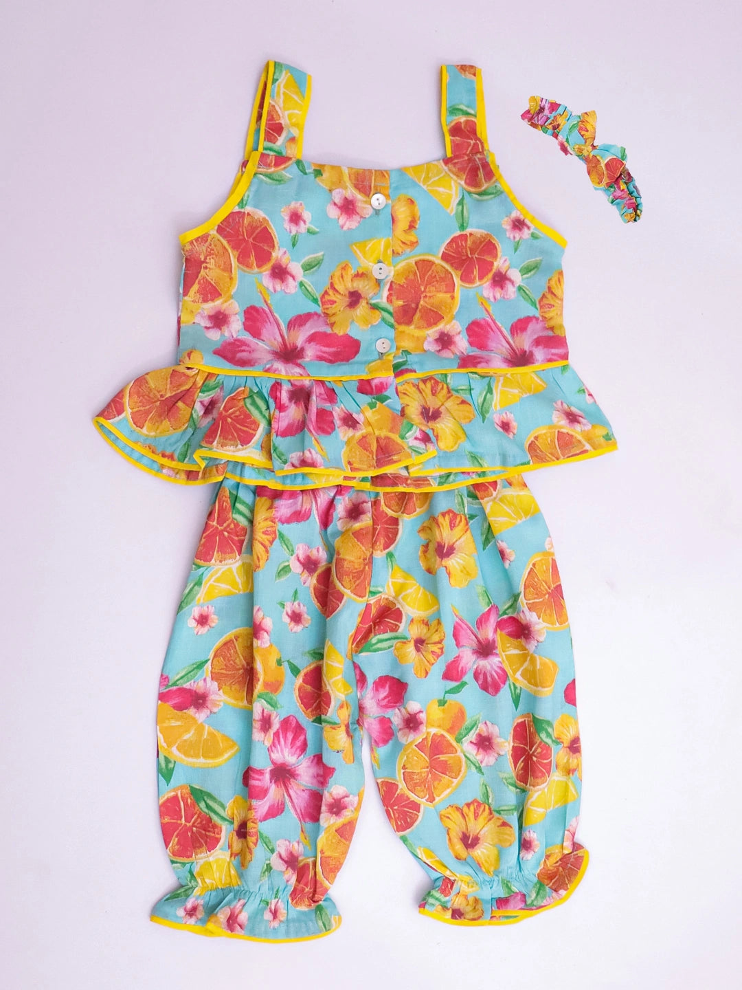 BownBee Pure Cotton Printed Top & Harrem With Hairband Set For Infant Girls