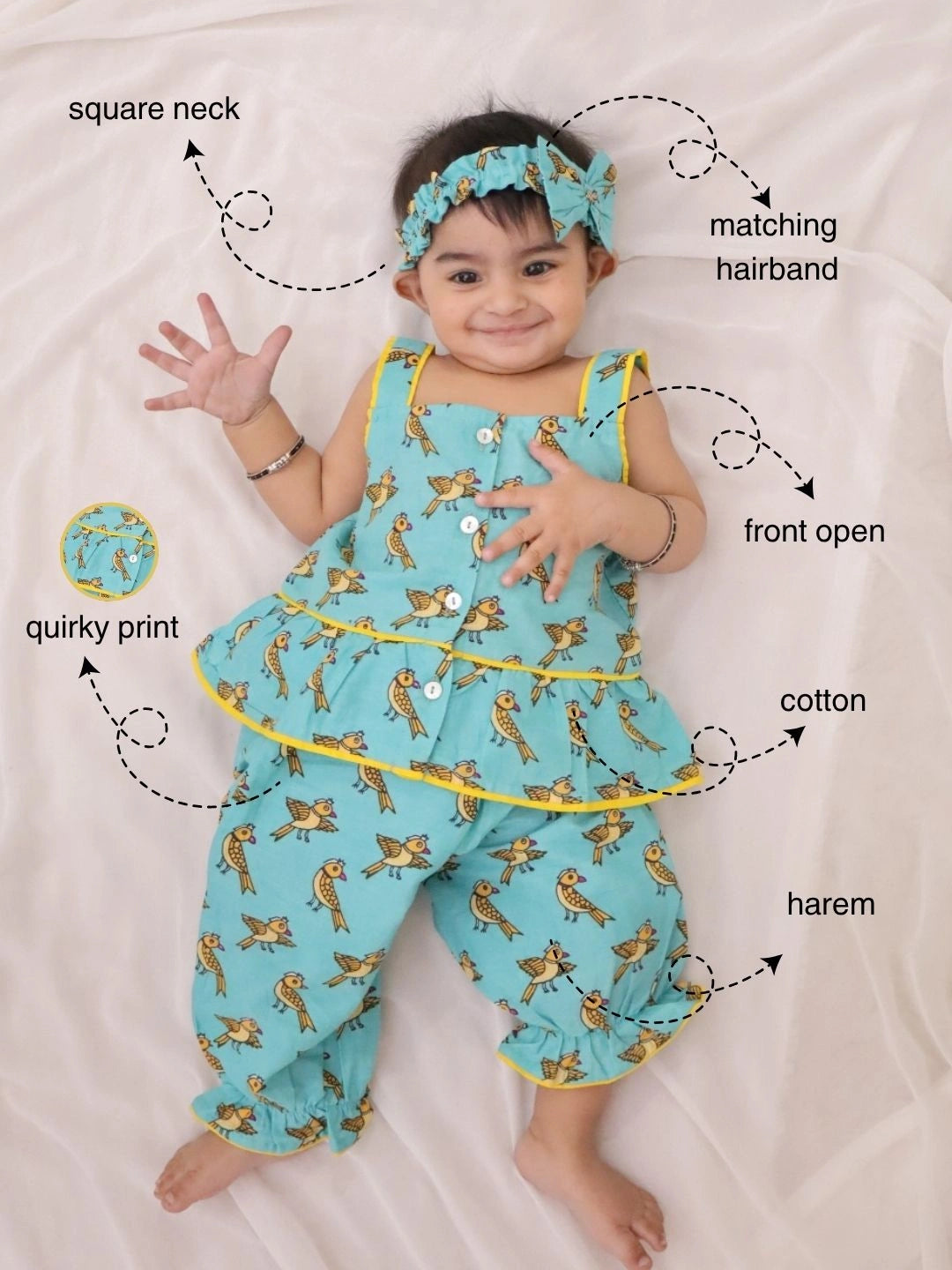 BownBee Pure Cotton Printed Top & Harrem With Hairband Set For Infant Girls
