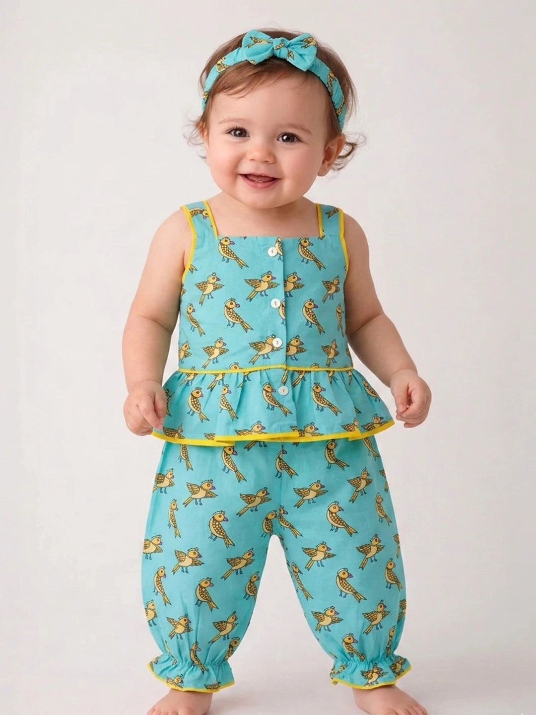 BownBee Pure Cotton Printed Top & Harrem With Hairband Set For Infant Girls