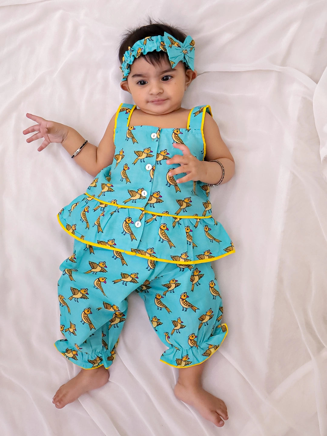 BownBee Pure Cotton Printed Top & Harrem With Hairband Set For Infant Girls