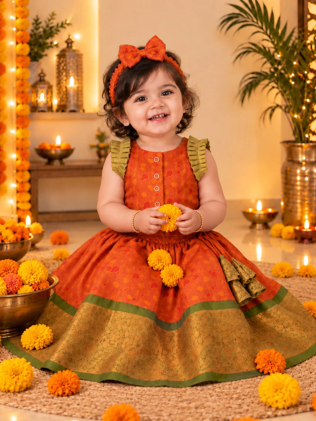 BownBee Sleeveless Silk Lehenga & Choli With Hairband For Infant Girls