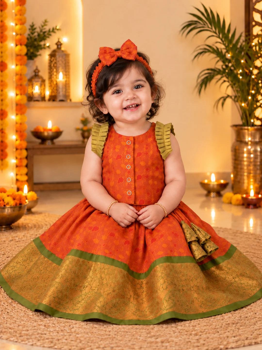 BownBee Sleeveless Silk Lehenga & Choli With Hairband For Infant Girls