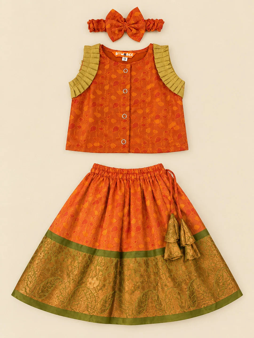 BownBee Sleeveless Silk Lehenga & Choli With Hairband For Infant Girls