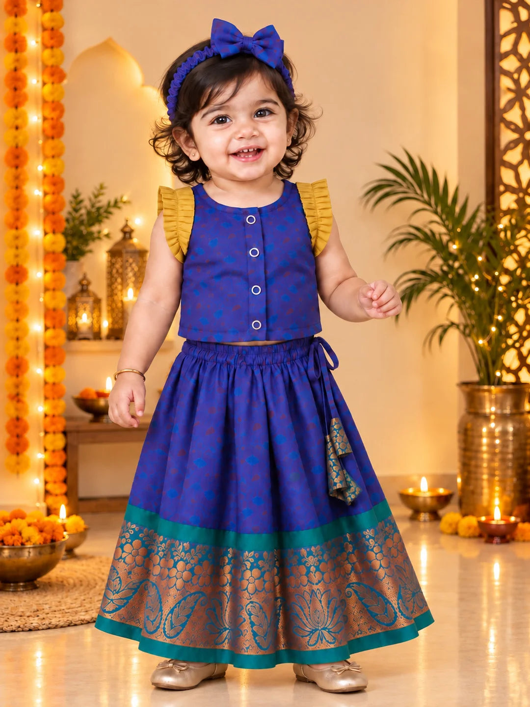 BownBee Sleeveless Silk Lehenga & Choli With Hairband For Infant Girls