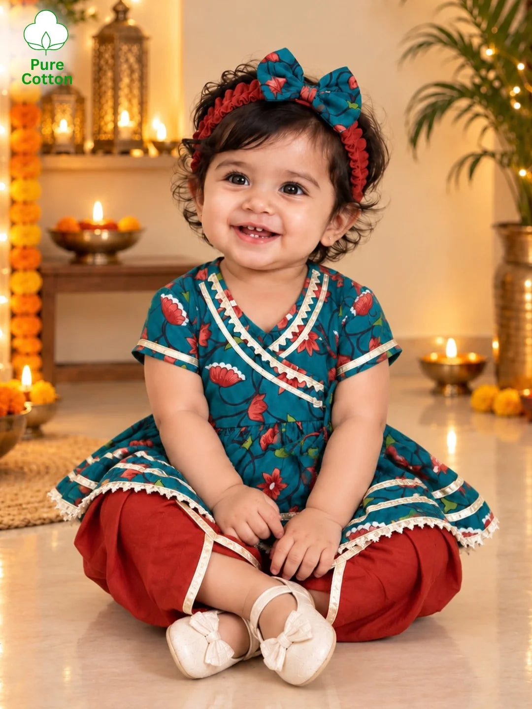 BownBee Pure Cotton Angrakha Kurti & Harem With Hairband For Infants Girls- Green