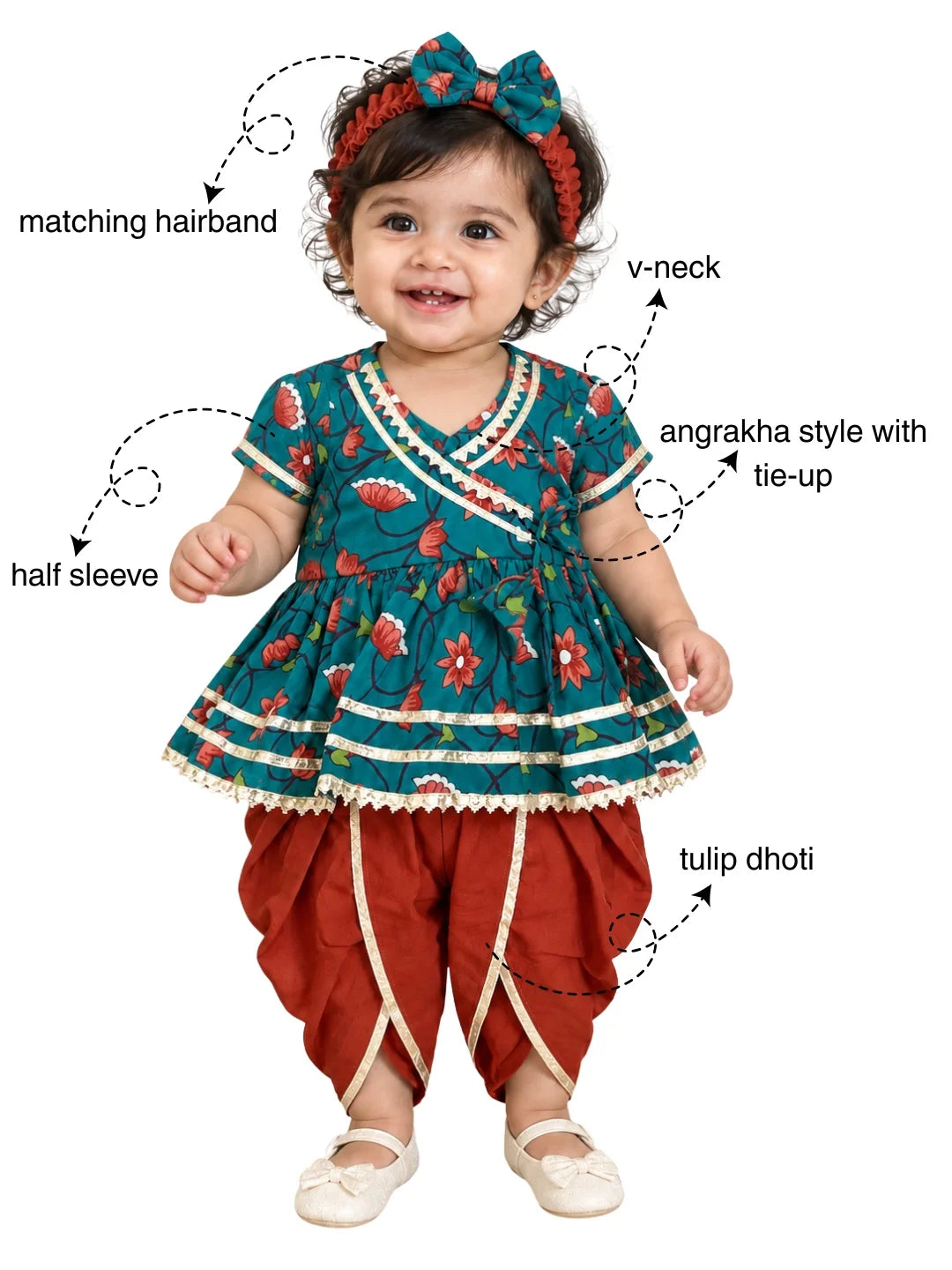 BownBee Pure Cotton Angrakha Kurti & Harem With Hairband For Infants Girls- Green