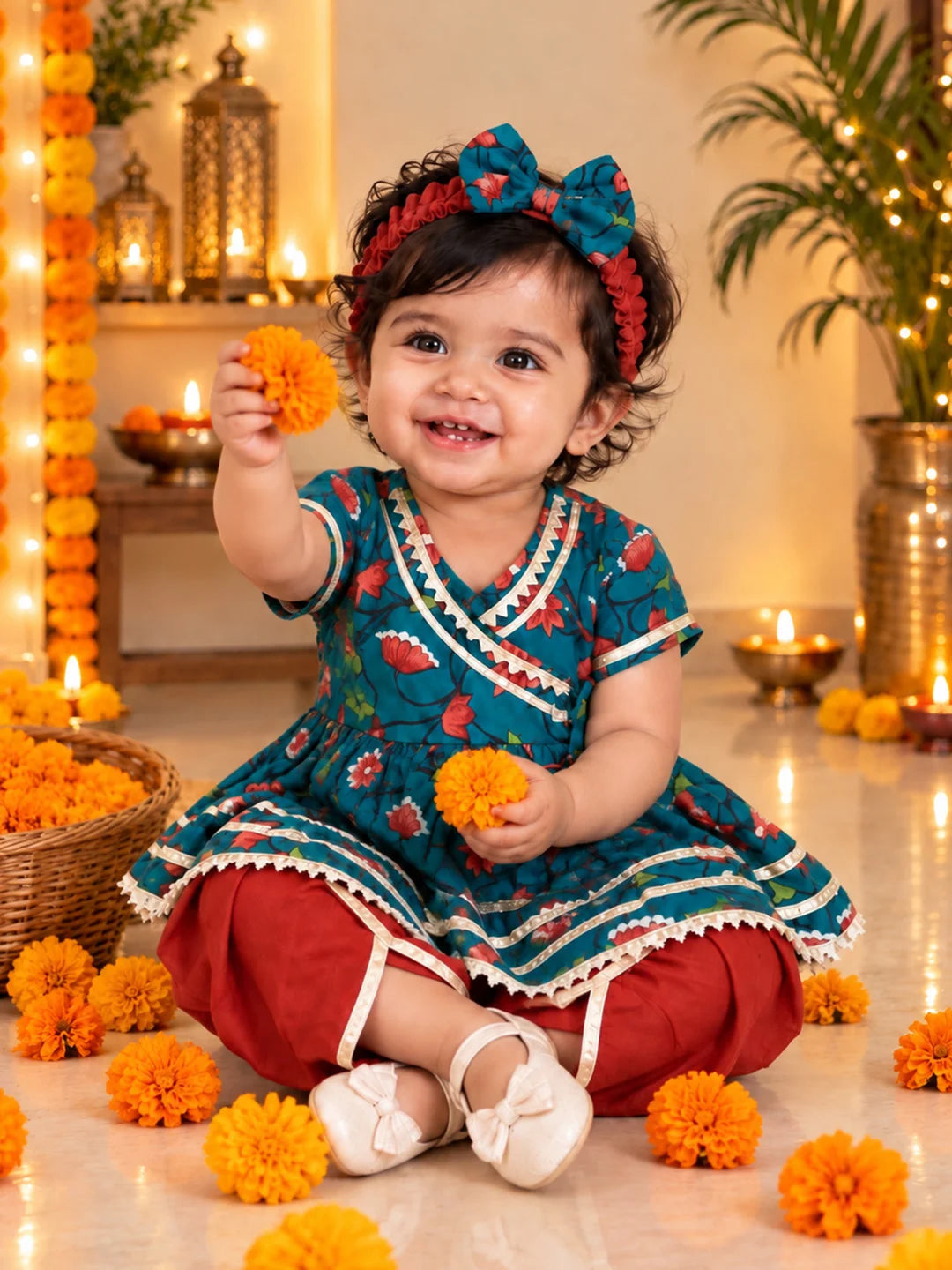 BownBee Pure Cotton Angrakha Kurti & Harem With Hairband For Infants Girls- Green